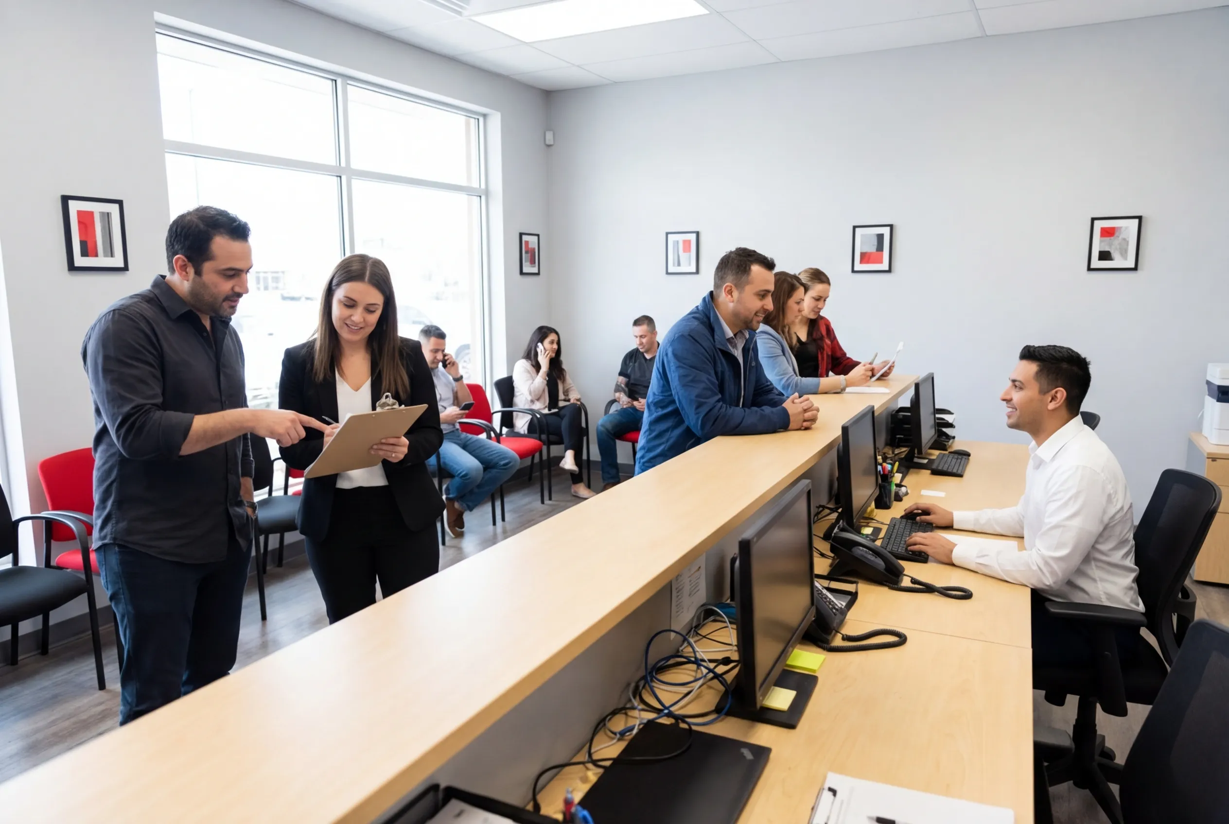 People collaborating at a reception desk in a busy digital marketing agency.