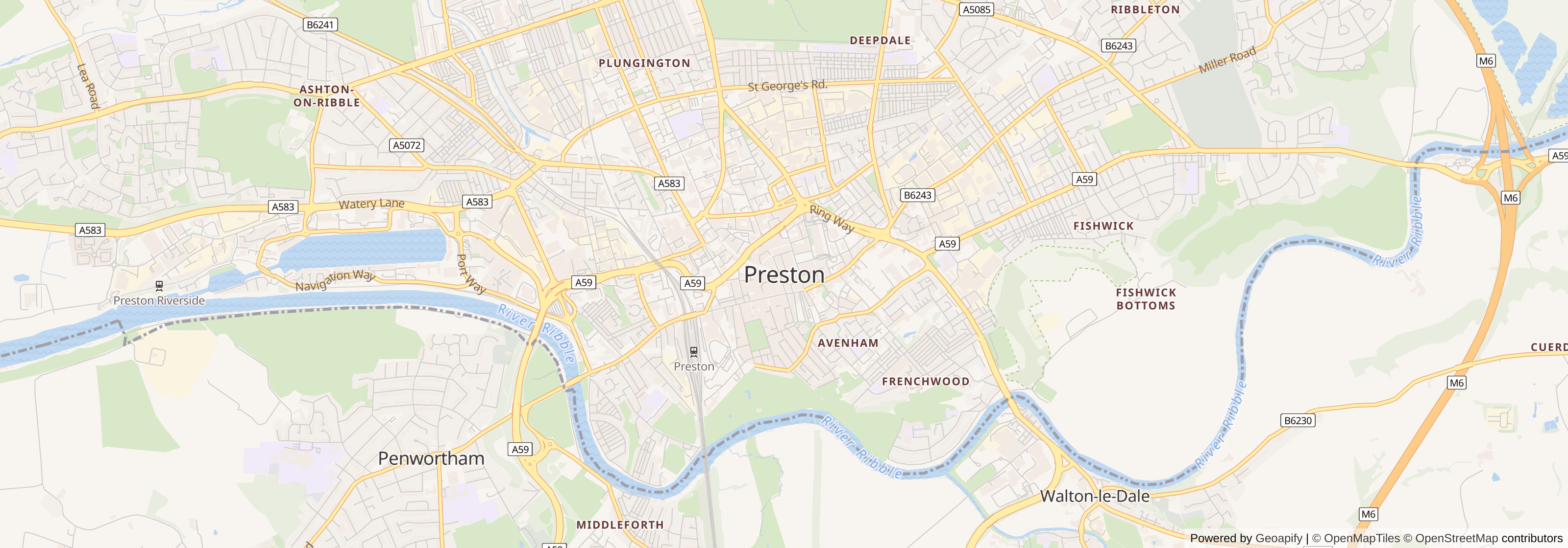 Street map of Preston, Lancashire showing main roads and nearby areas