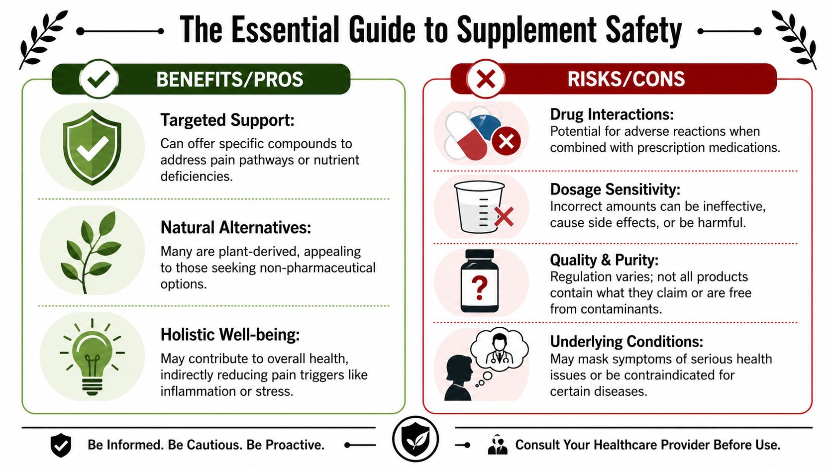 An infographic titled The Essential Guide to Supplement Safety comparing the benefits and risks of using dietary supplements.