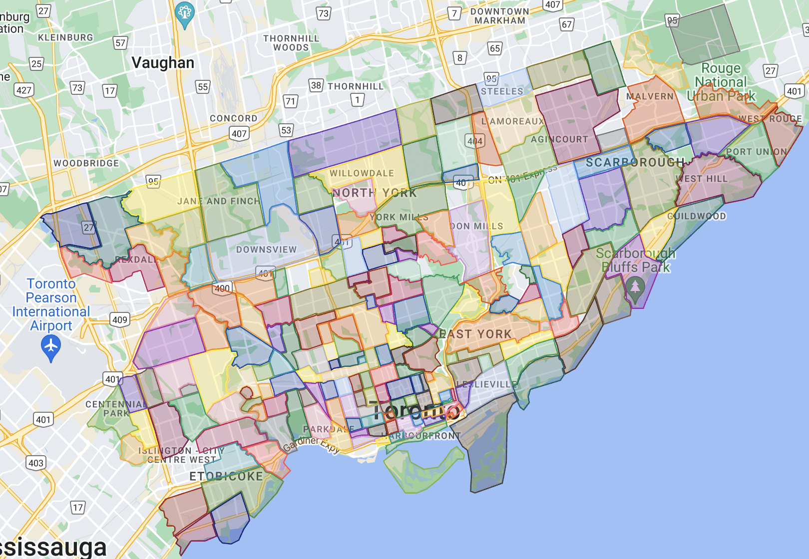 A colourful map of Toronto neighbourhoods