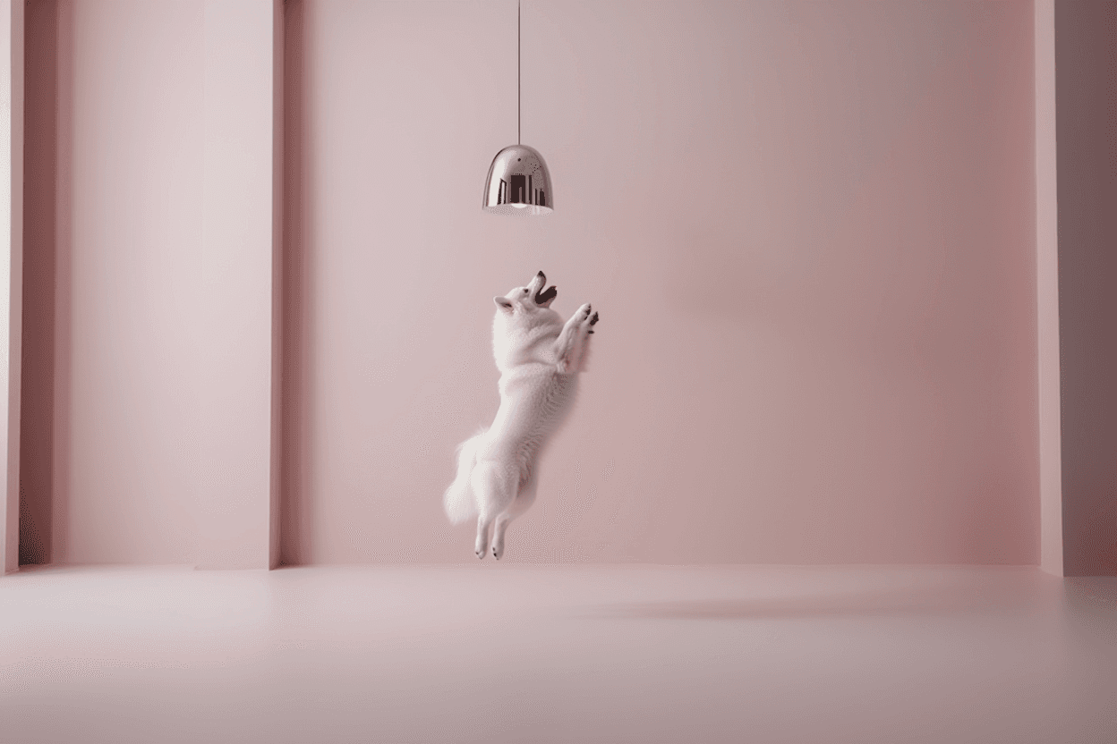 white dog and chrome lamp