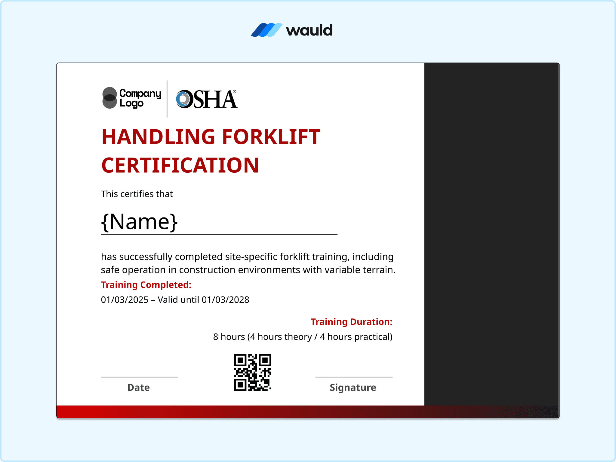 Black background handling forklift certification template with recipient name field, training details, certification dates, QR code, and signature line