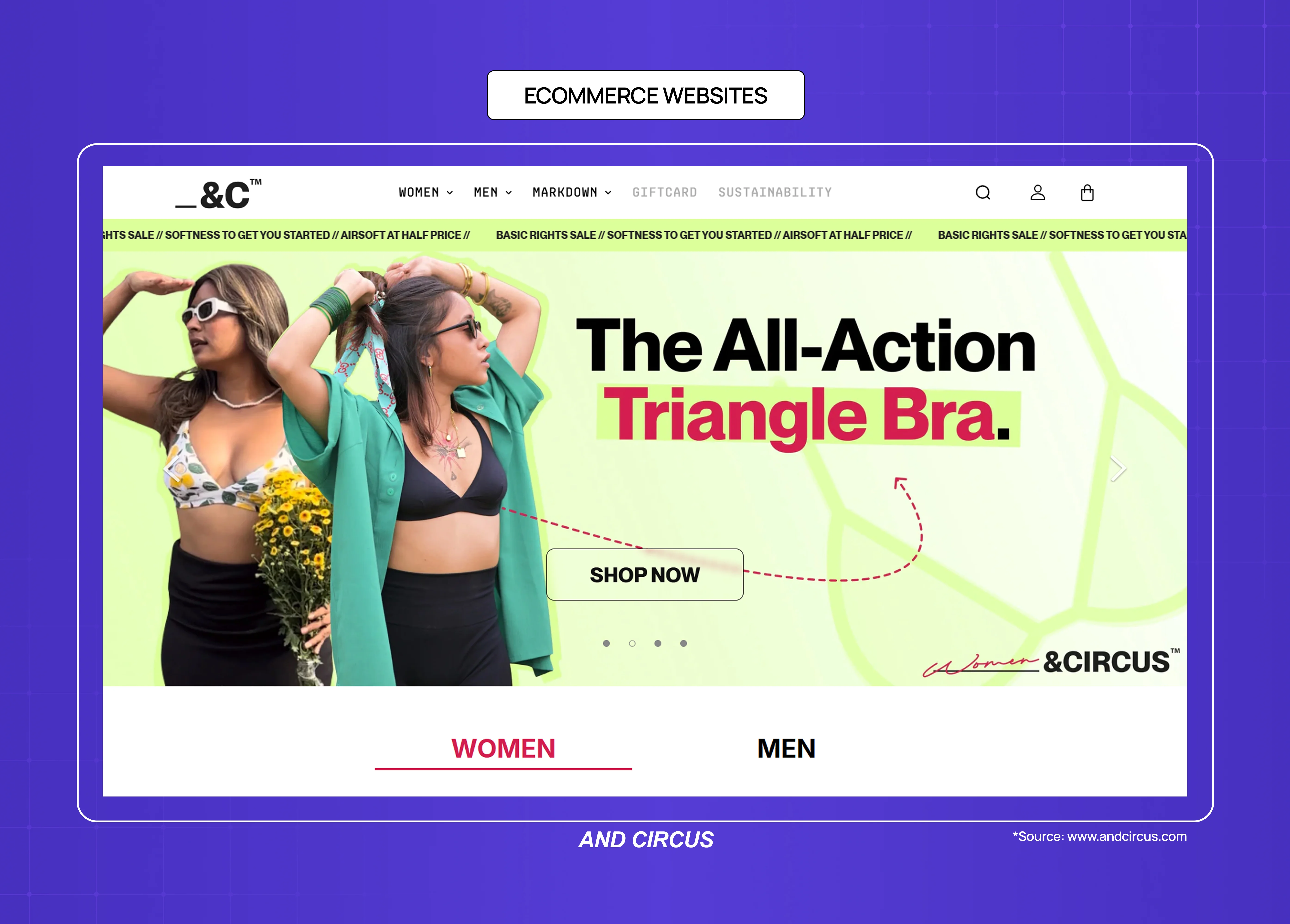 AndCircus ecommerce fashion website homepage with promotional hero banners, category navigation, and shopping-focused visuals.