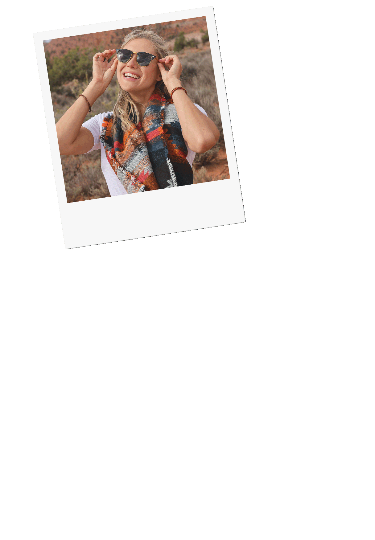 Photo collage featuring a smiling blonde woman outdoors with a colorful scarf, desert cactus, a Canon camera, and landscapes, styled like polaroid snapshots.