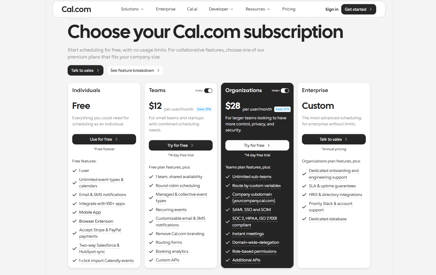 Cal.com subscription plans