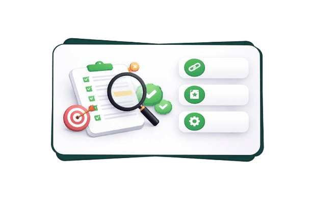 SEO dashboard illustration showing website metrics, growth charts, backlinks, and performance indicators inside a floating card.