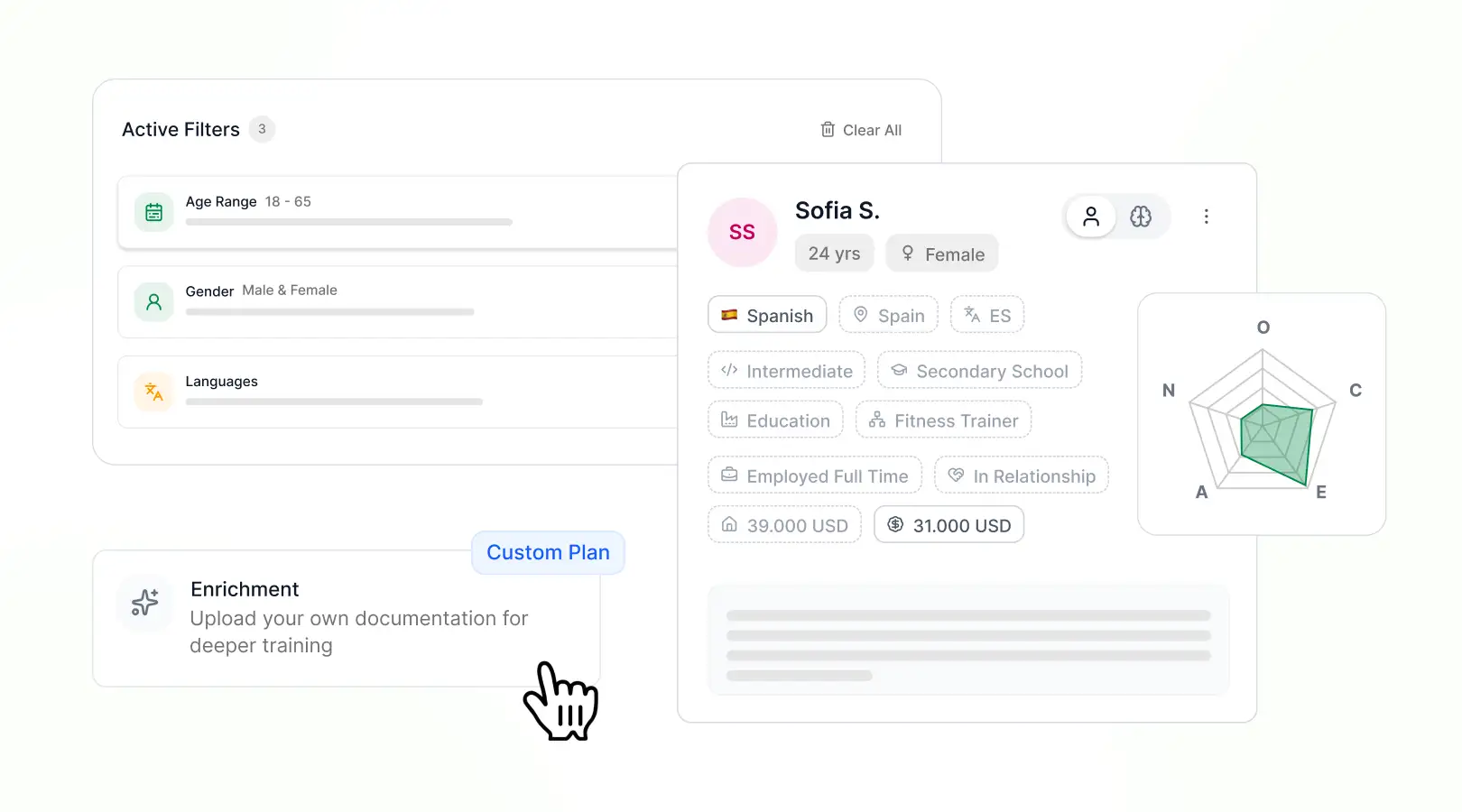 The profile and characteristics of the user, the filters you can configure, the enrichment option and the OCEAN graph.