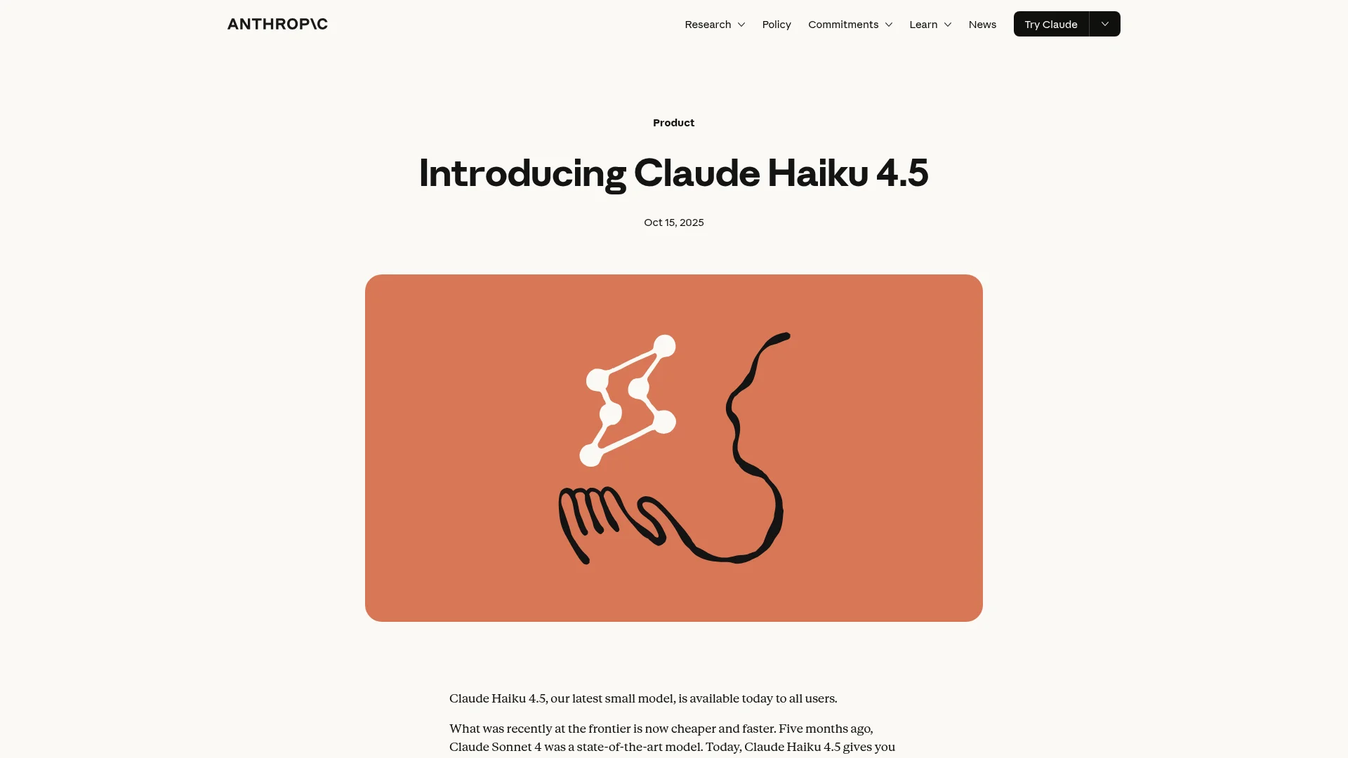 Anthropic announcement page introducing Claude Haiku 4.5, dated October 15, 2025