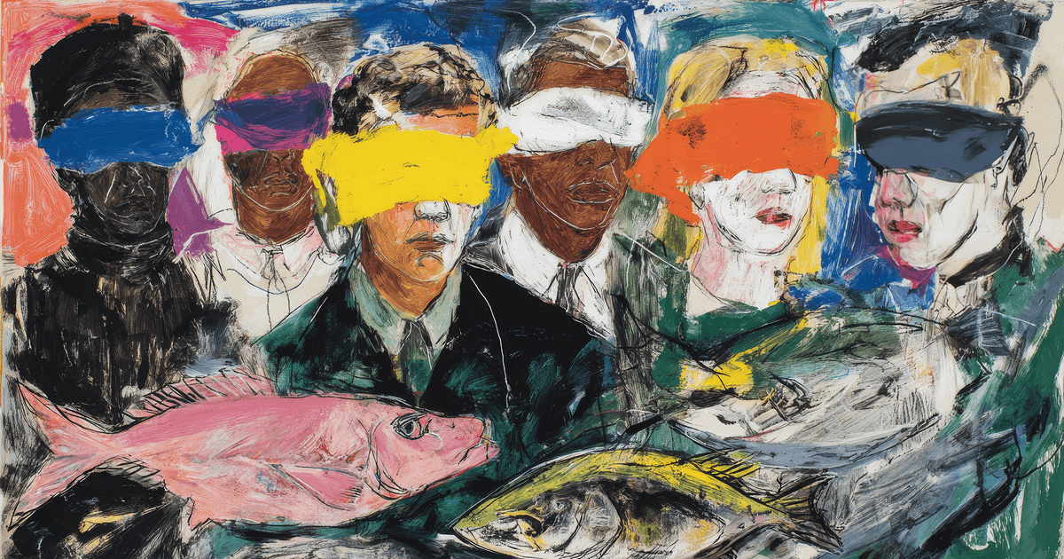 A group of people blindfolded, surrounded by sea life