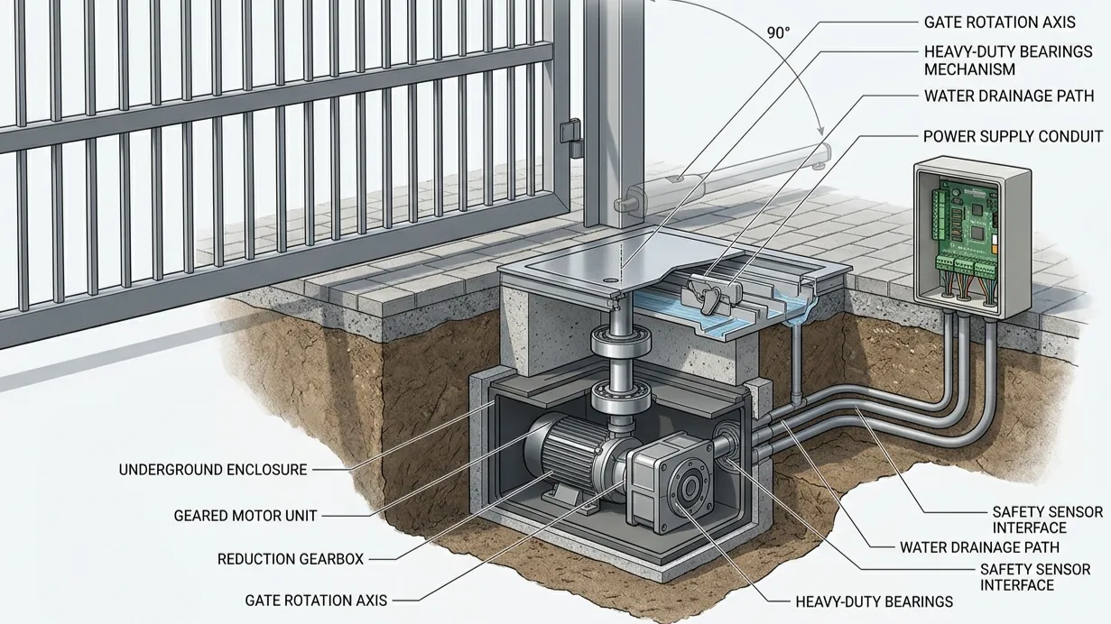 Underground swing gate opener mechanism installed below a gate