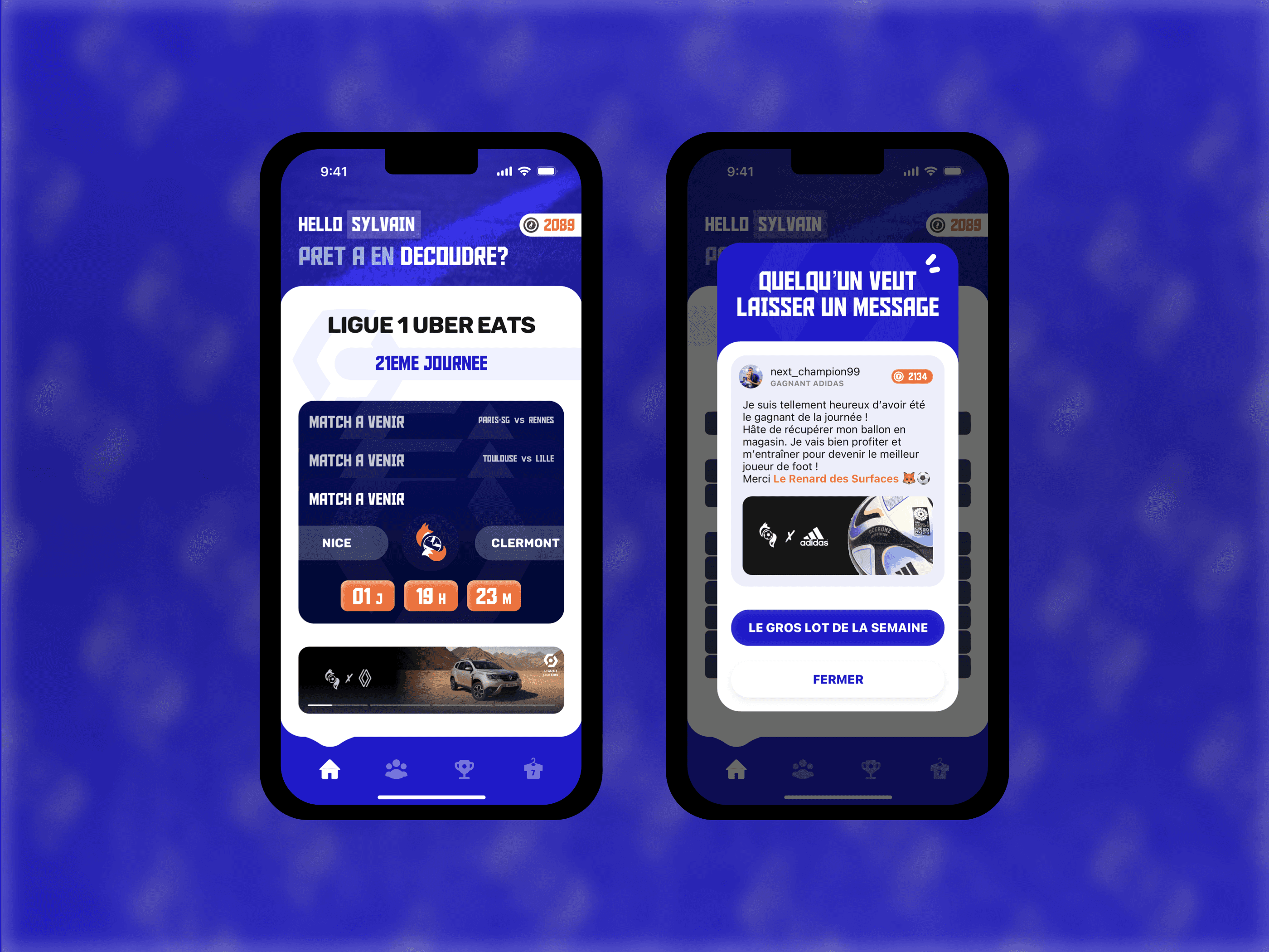 Interface de l'application mobile Renard des Surfaces.