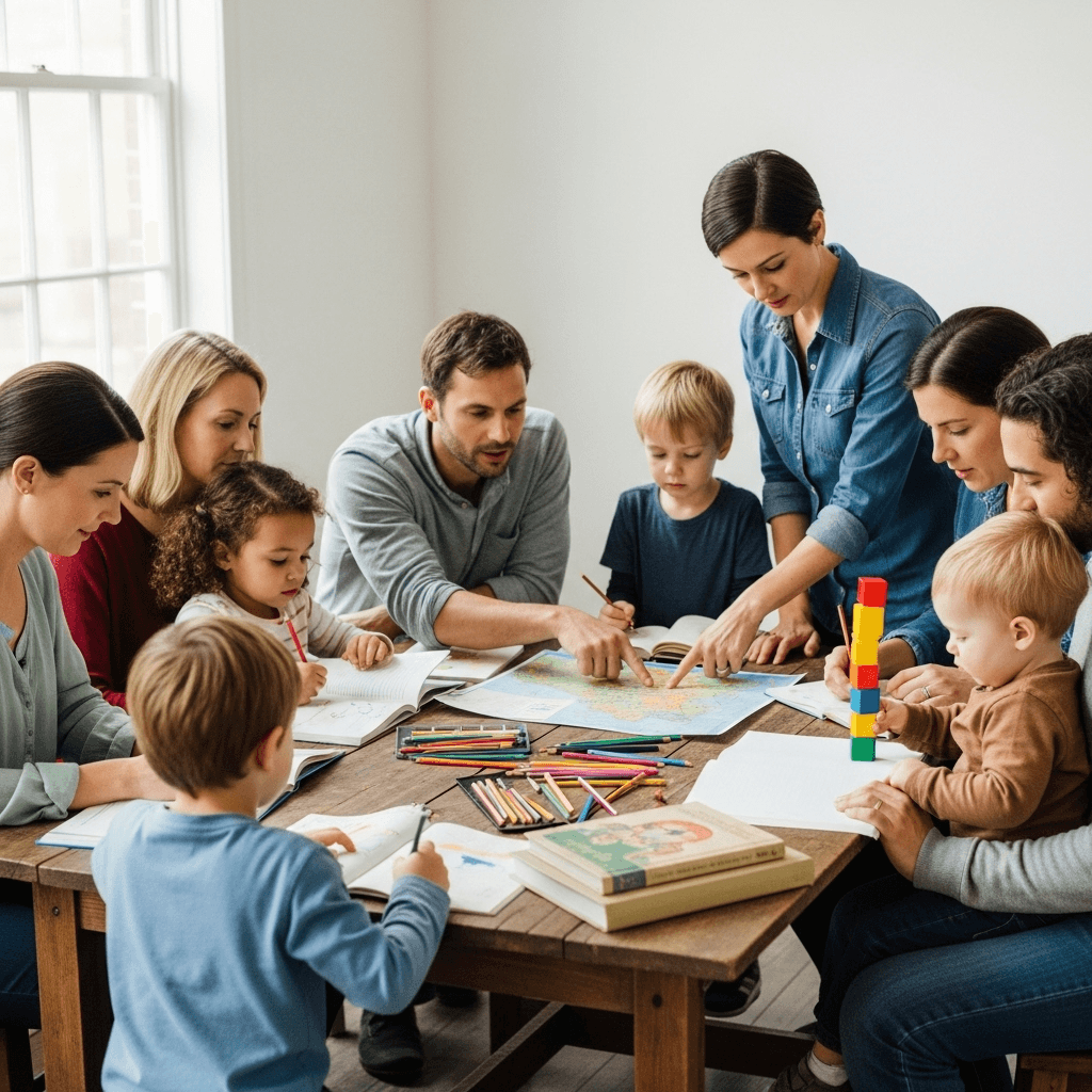 A group of parents and young children gathered around a table doing art activities together, with colored pencils and notebooks spread out