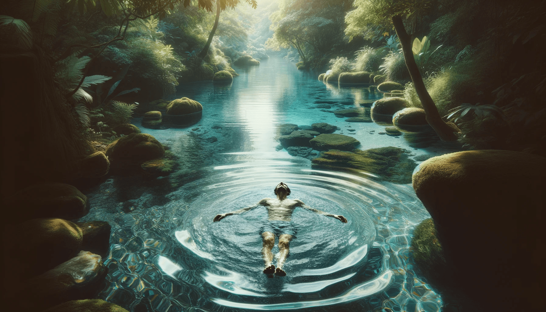 Un cadre serein et paisible adapté à une séance relaxante de thérapie aquatique. Il montre une piscine naturelle ou un bassin d'eau claire et calme, entouré de végétation luxuriante et de pierres lisses. Un nageur flotte sur le dos dans l'eau, transmettant un sentiment de liberté et d'apesanteur, avec l'eau cristalline reflétant doucement la lumière naturelle, créant une atmosphère de tranquillité et de guérison.