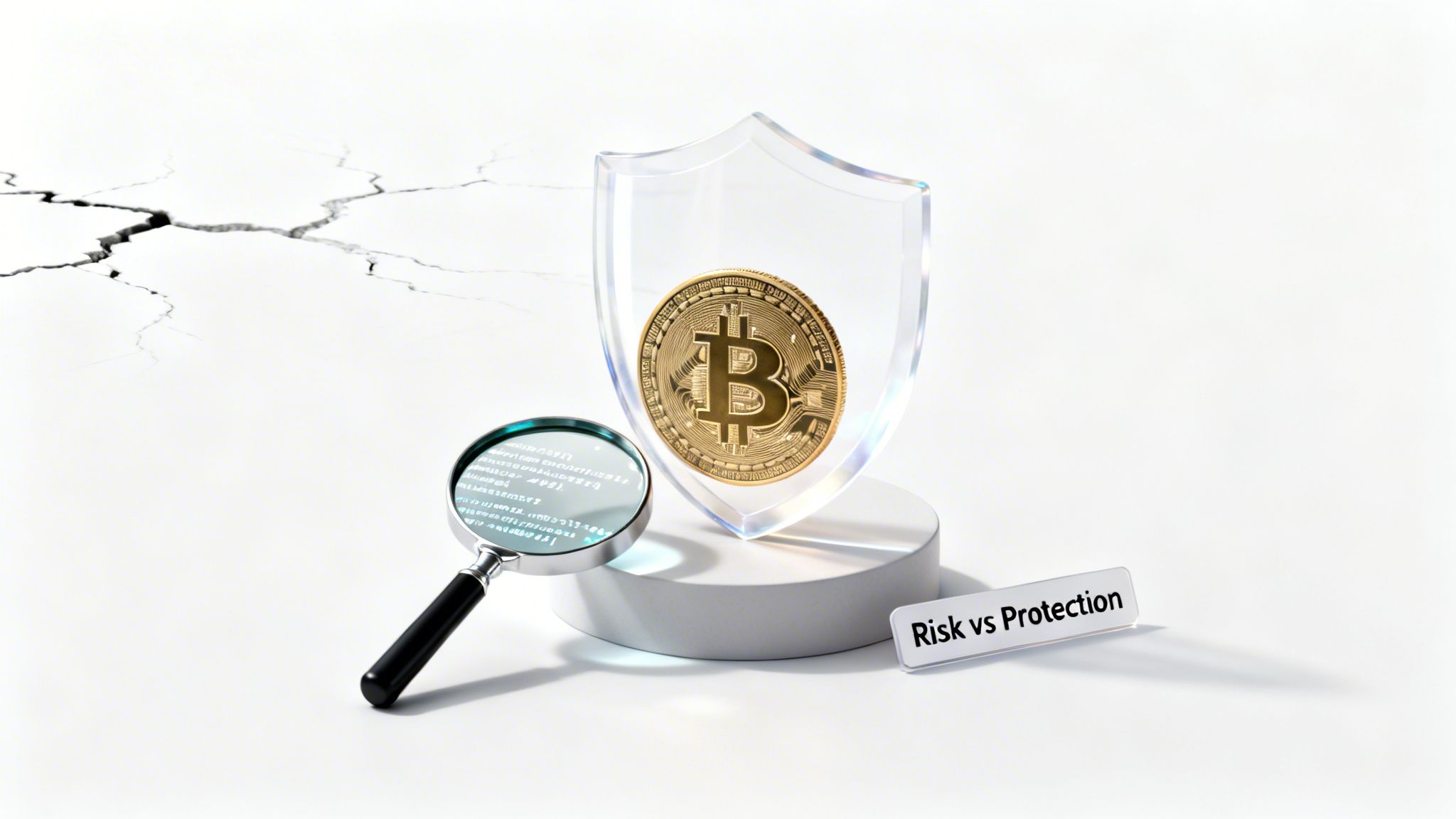 A Bitcoin coin protected by a transparent shield, with a magnifying glass and 'Risk vs Protection' text on a cracked surface.
