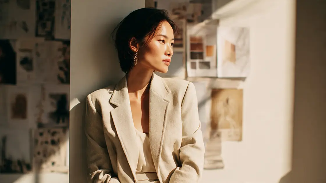 Blog ThumbnaA focused woman in a cream oversized blazer leaning against a wall covered in design mood board references, bathed in warm natural lightil