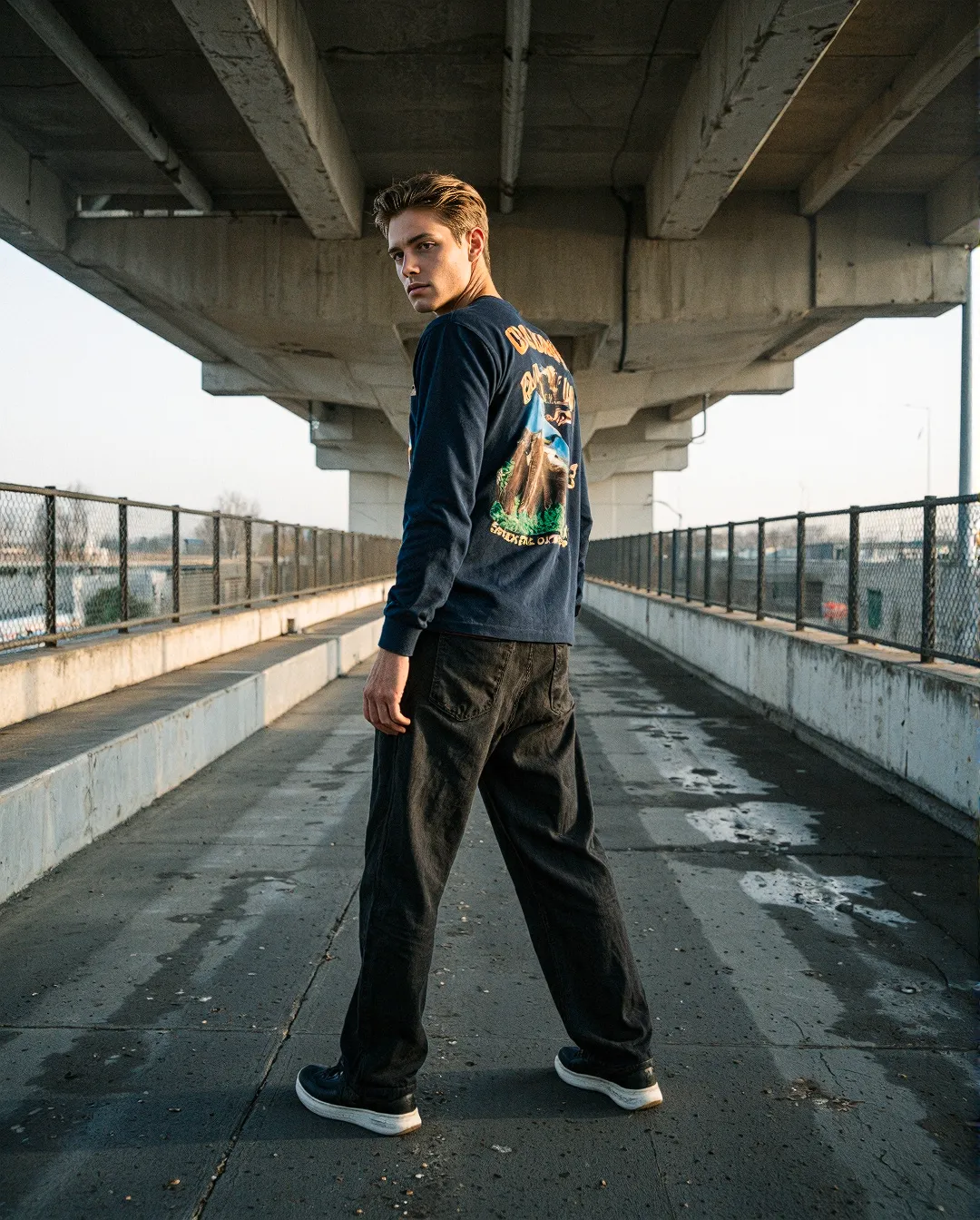Person in dark graphic long sleeve and loose pants standing on concrete walkway beneath bridge structure, captured in moody urban setting