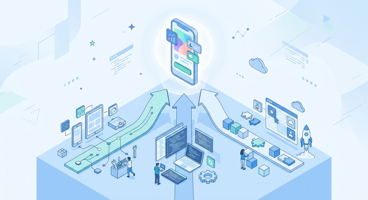 Illustration of three diverging paths leading to a smartphone app, representing different ways to build a business app