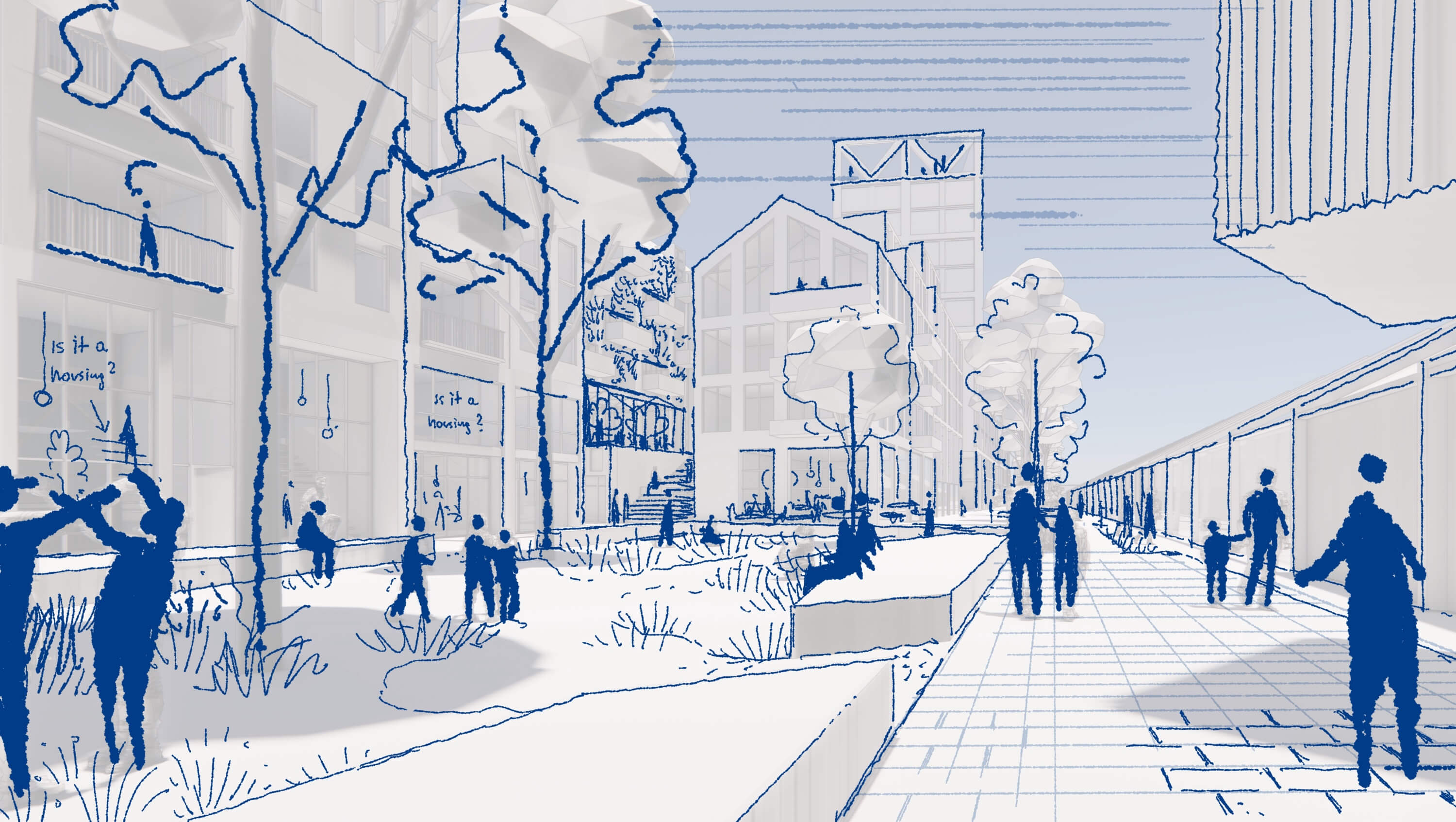 A snowy landscape with trees and people walking along a path, all depicted in soft blue hues.