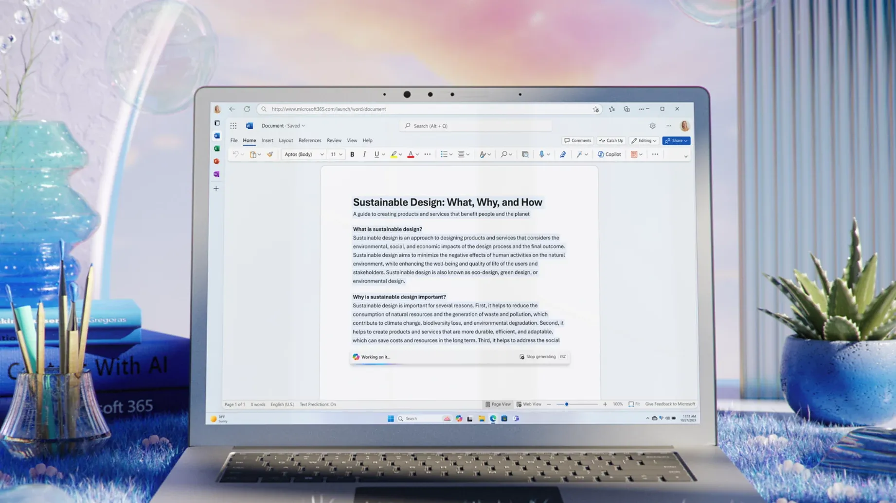 Afbeelding van laptop op een bureau me copilot in Word op het scherm