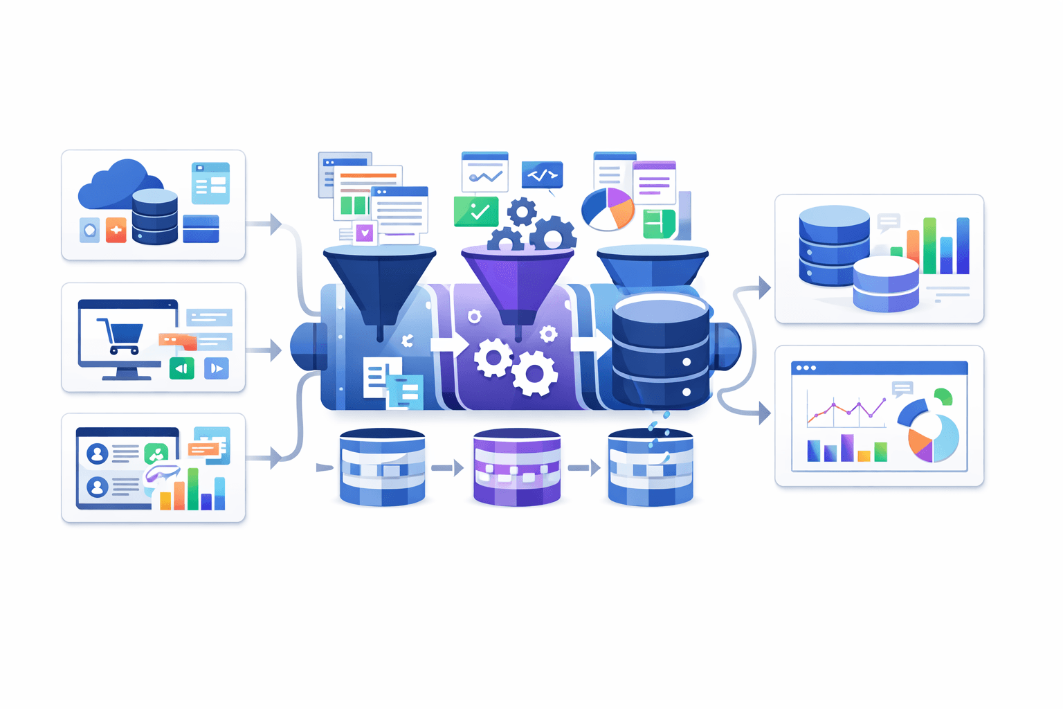 Ilustrasi data ingestion, processing, dan analytics pipeline end‑to‑end. Berbagai sumber data di sisi kiri (cloud storage, aplikasi e‑commerce, dan data pengguna/CRM) masuk ke mesin pemrosesan terpusat melalui beberapa funnel yang melakukan validasi, transformasi, dan orkestrasi (ikon gear, checklist, dan grafik). Data yang telah diproses disimpan ke database terstruktur dan disajikan di sisi kanan sebagai dashboard analitik dengan grafik batang, garis, dan pie chart. Visual menggambarkan alur ETL/ELT dari multi‑source data hingga pelaporan dan insight berbasis data.