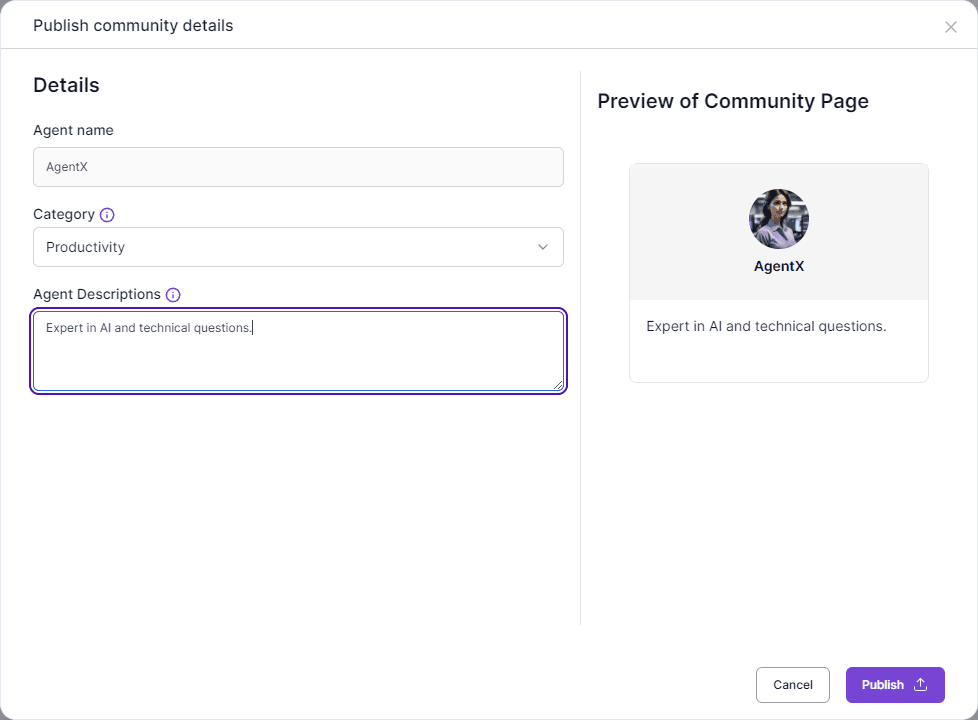 AgentX community publishing form screenshot.