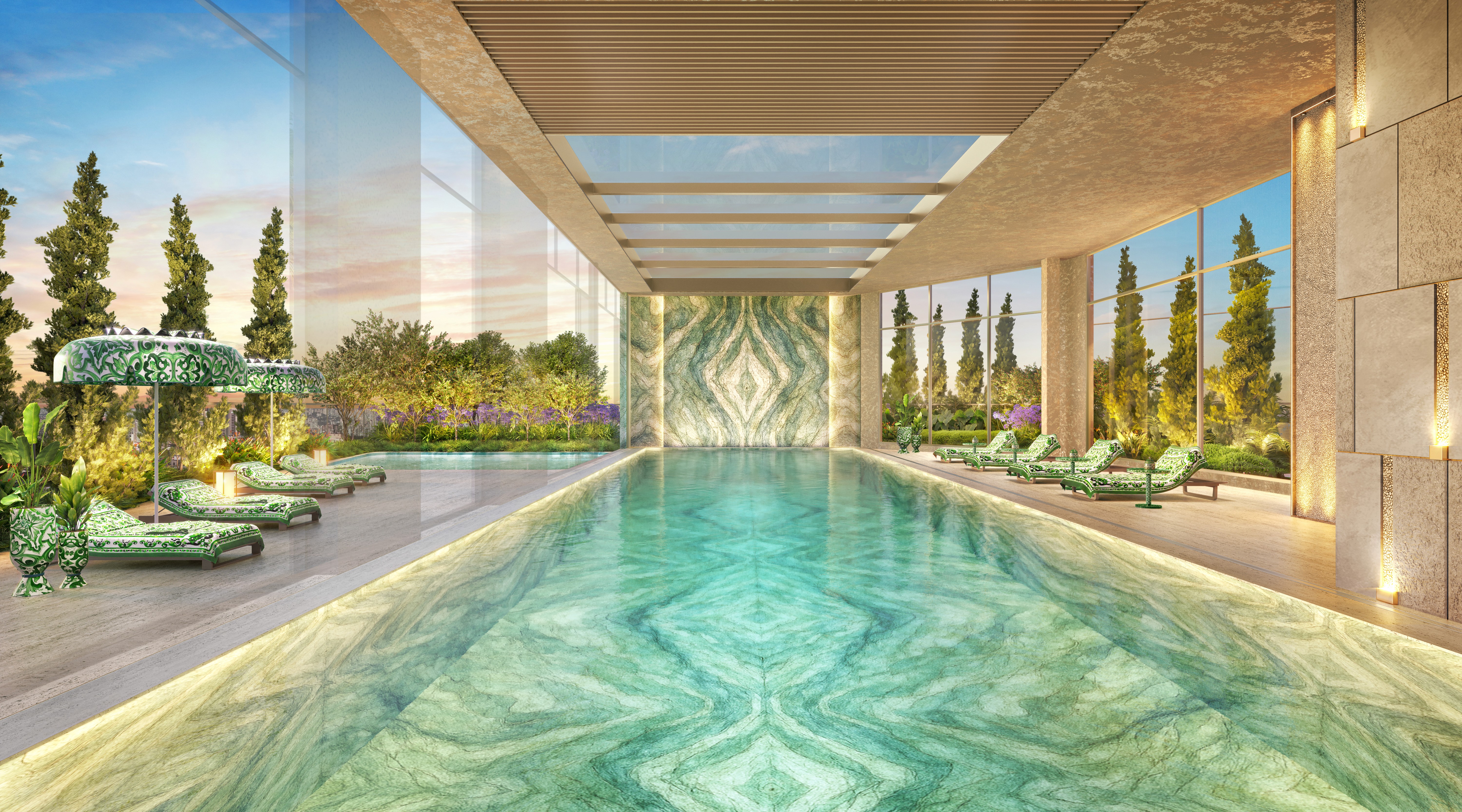 Curved modern skyscraper against a clear blue sky.