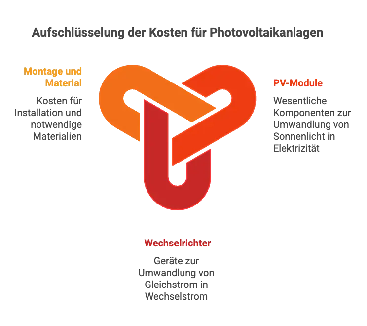 Kostenaufteilung für Photovoltaikanlagen: Montage, PV-Module, Wechselrichter. Diagramm mit Verbindungselement.
