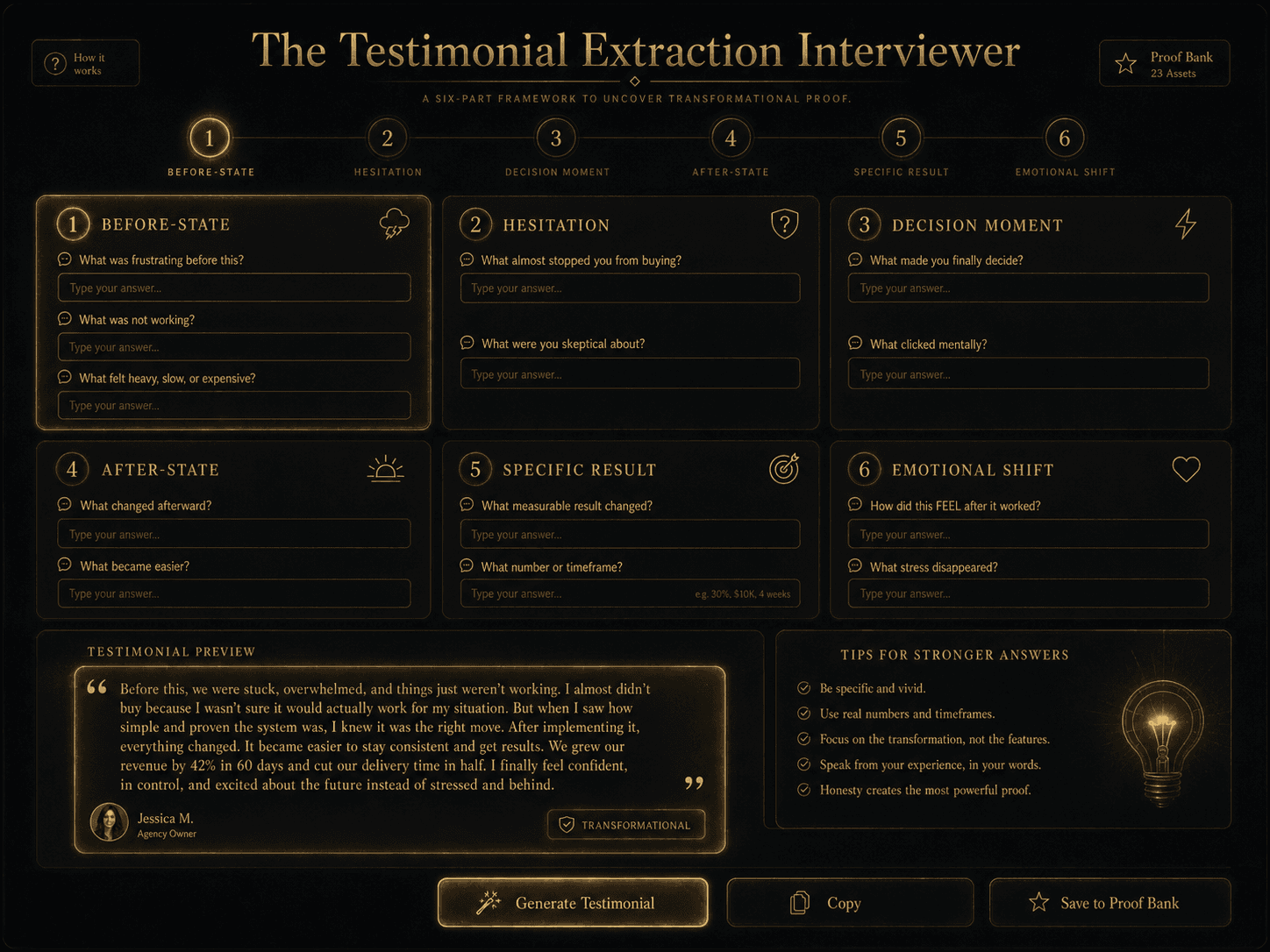 “The Testimonial Extraction Interviewer” Concept: A minimalist, interactive interview tool. The interface shows:  Top section: A progress indicator showing the 6 parts of the framework.  Below: A series of interview questions organized by part:  Part 1 (Before-State):  “What was frustrating before this?”  “What was not working?”  “What felt heavy, slow, or expensive?”  Part 2 (Hesitation):  “What almost stopped you from buying?”  “What were you skeptical about?”  Part 3 (Decision Moment):  “What made you finally decide?”  “What clicked mentally?”  Part 4 (After-State):  “What changed afterward?”  “What became easier?”  Part 5 (Specific Result):  “What measurable result changed?”  “What number or timeframe?”  Part 6 (Emotional Shift):  “How did this FEEL after it worked?”  “What stress disappeared?”  Below the questions: A “Generate Testimonial” button that compiles the answers into a complete, transformation-focused testimonial. A “Copy” button and a “Save to Proof Bank” button.  Style: Luxury UI meets interactive interview tool. Dark background, gold input fields, clean typography. Feels like a serious testimonial extraction instrument.  Interaction: The user (or the client) answers the interview questions. The tool compiles the answers into a structured testimonial. The user can edit and refine. Clicking “Save to Proof Bank” adds it to the Proof Bank from Article #28.