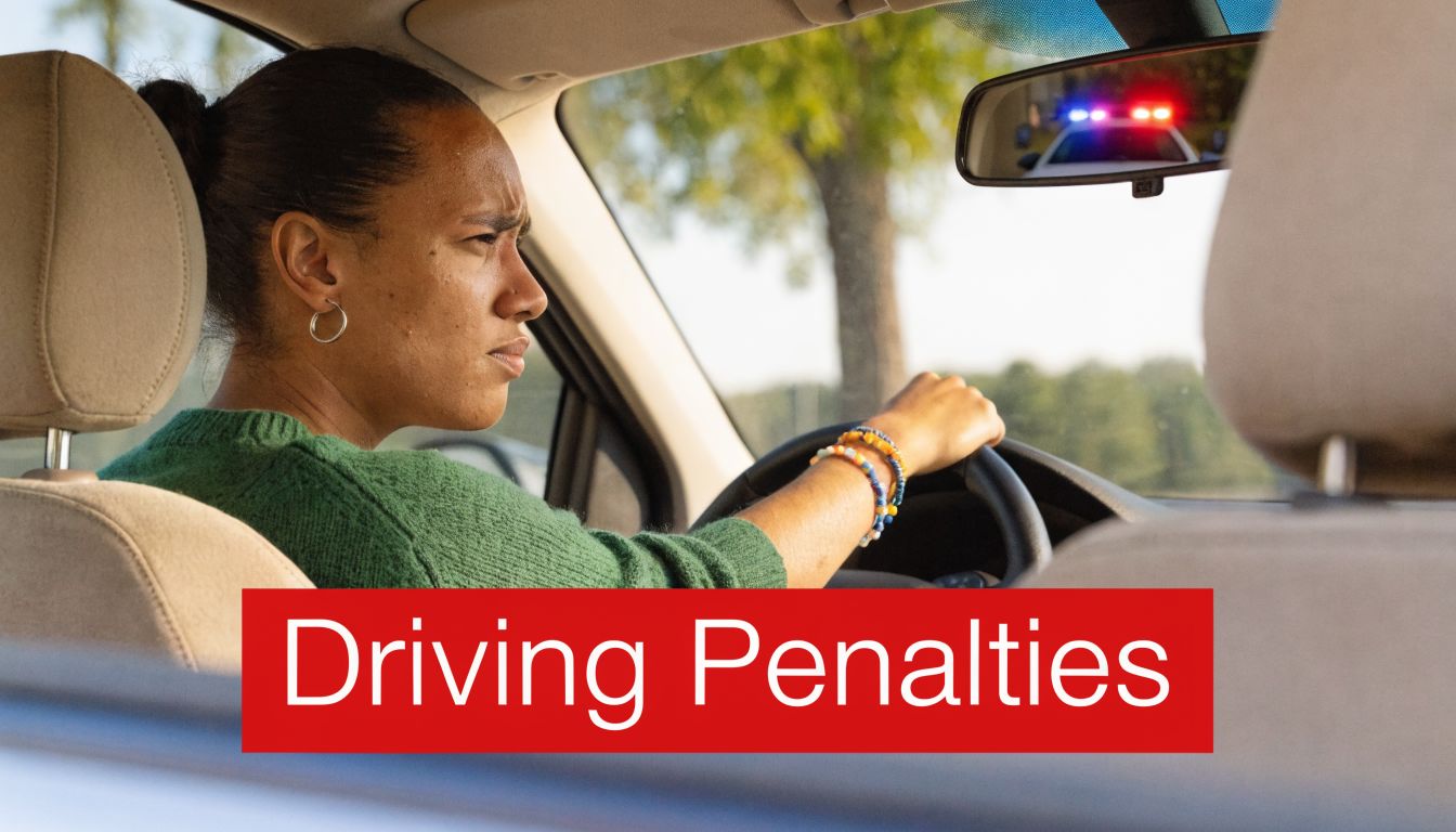 A concerned woman driving a car looking at a police vehicle with flashing lights in the mirror.