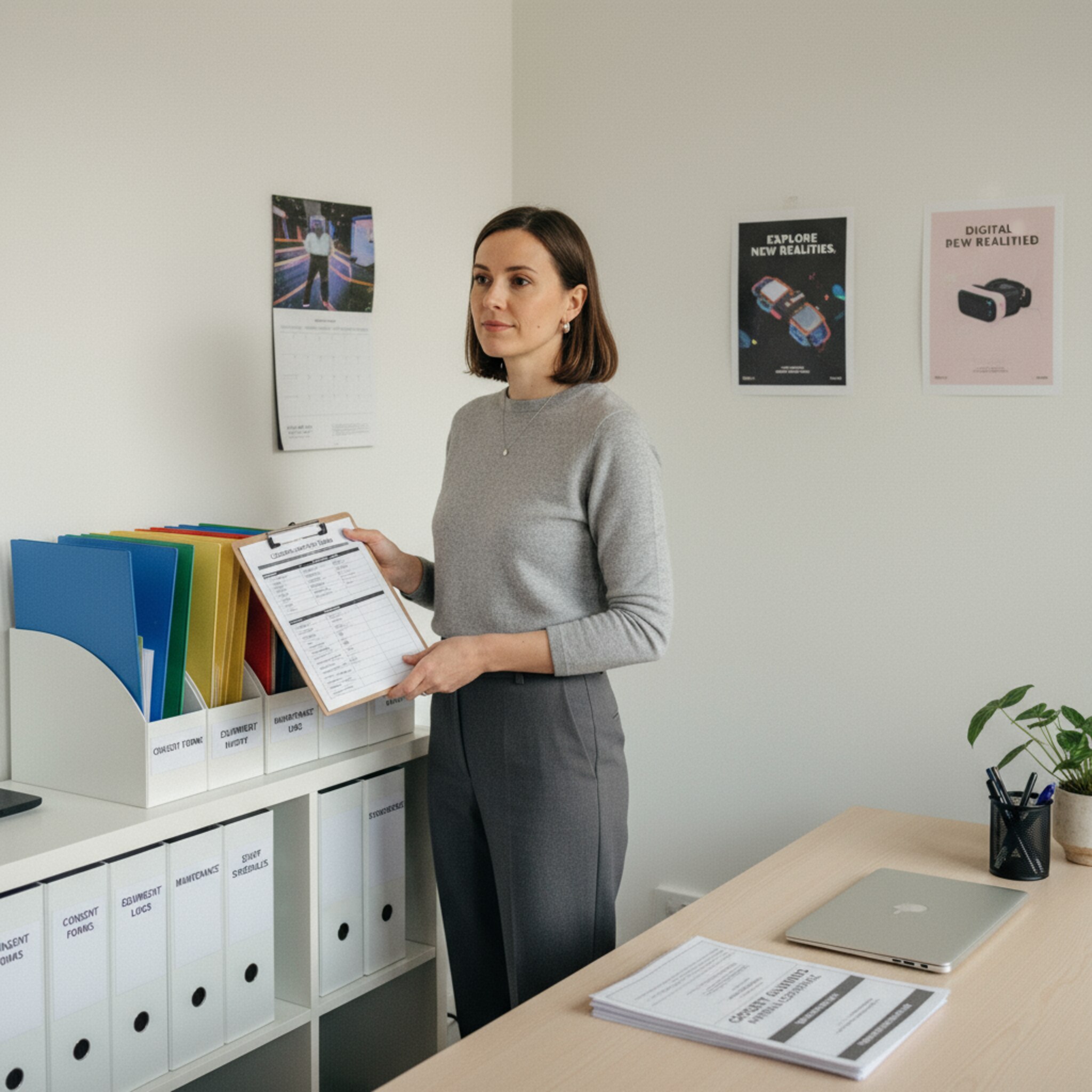 In einem ruhigen Backoffice sortiert eine Standortleiterin ordentlich beschriftete Mappenfächer und prüft eine Liste mit standortspezifischen Aufgaben. Auf dem Tisch liegen klare Hinweise zu Sicherheit und Einverständnissen. Das Licht ist hell und sachlich. Es wirkt strukturiert, sicher und verantwortungsvoll.