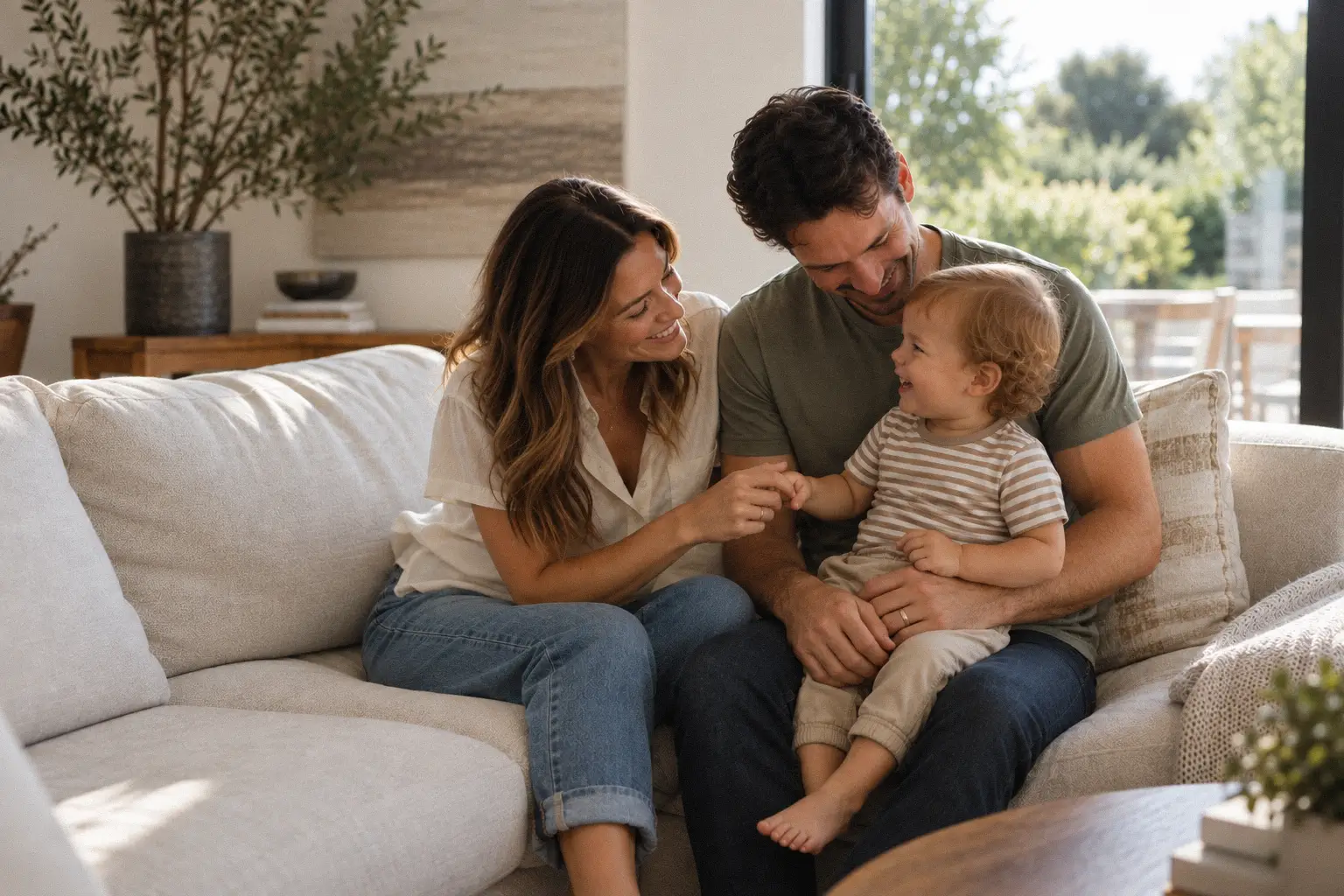 Parents share a joyful moment with their toddler on a sofa in a bright, warmly designed Southern California home.