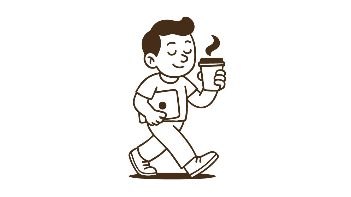 A simple illustration of a person walking while holding a cup, depicted in a minimalist style.