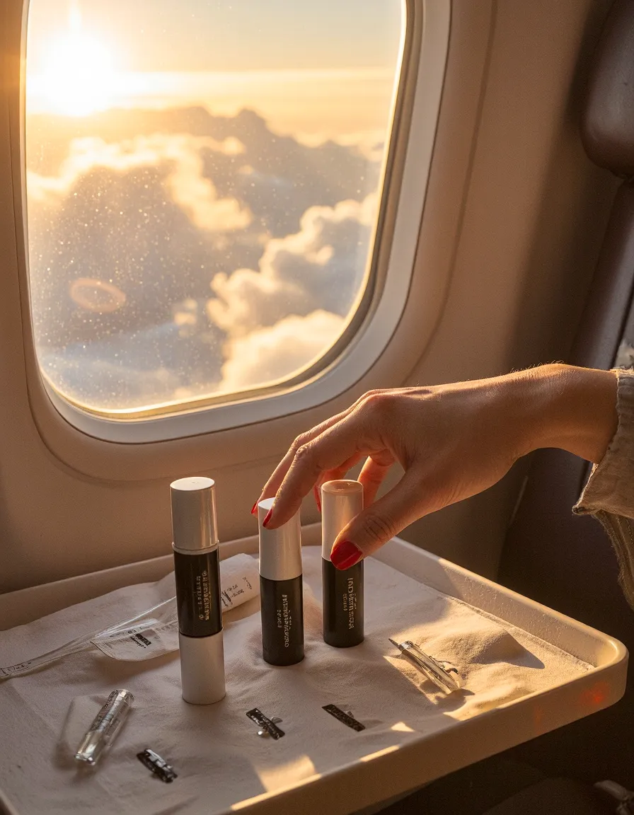 Hand reaching for skincare products on airplane tray table with golden sunset clouds visible through window, bathed in warm light