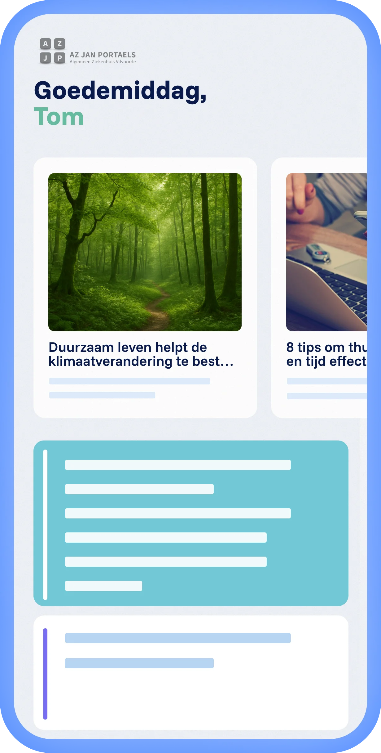Spencer platform met lokale ervaring en eigen Mobix branding, gepersonaliseerde feed met artikelen en overzichtelijke layout