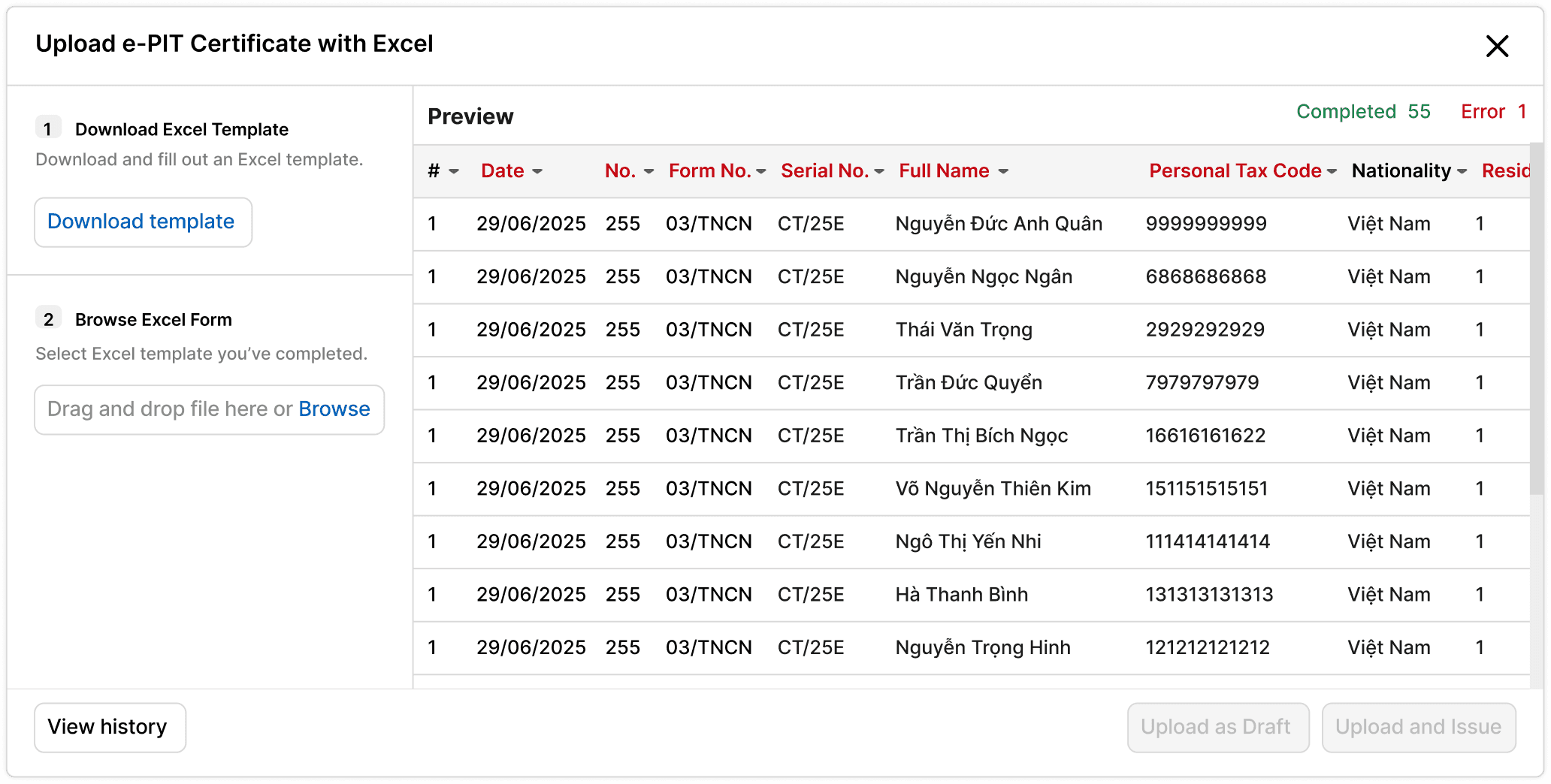 Màn hình tính năng WeTax e-PIT 
