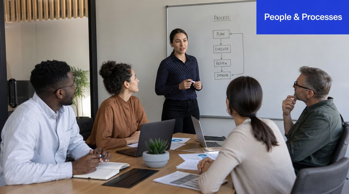 A professional team in a meeting room listens to a colleague presenting a business process workflow.