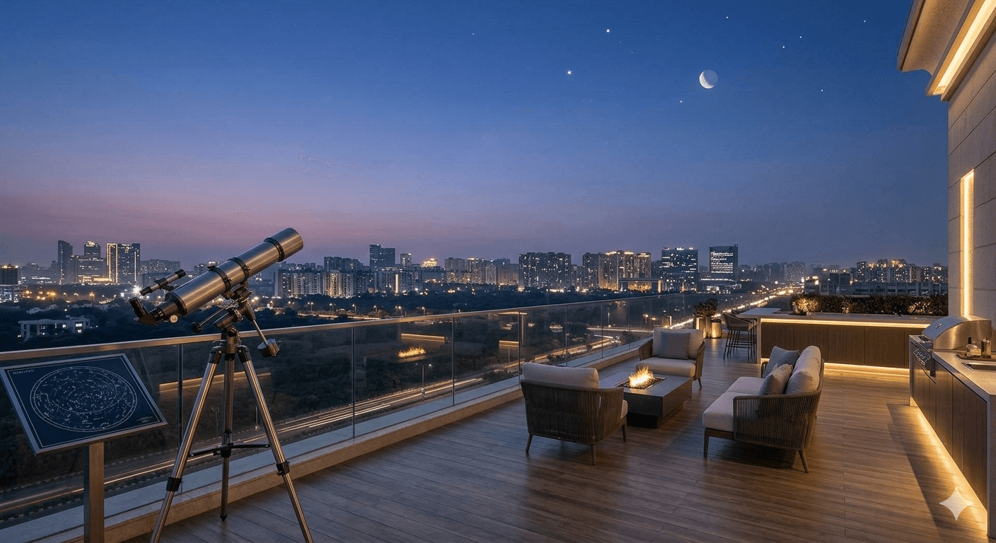 Private observatory deck with telescope and luxury lounge overlooking Sector 75A Gurugram skyline at night.