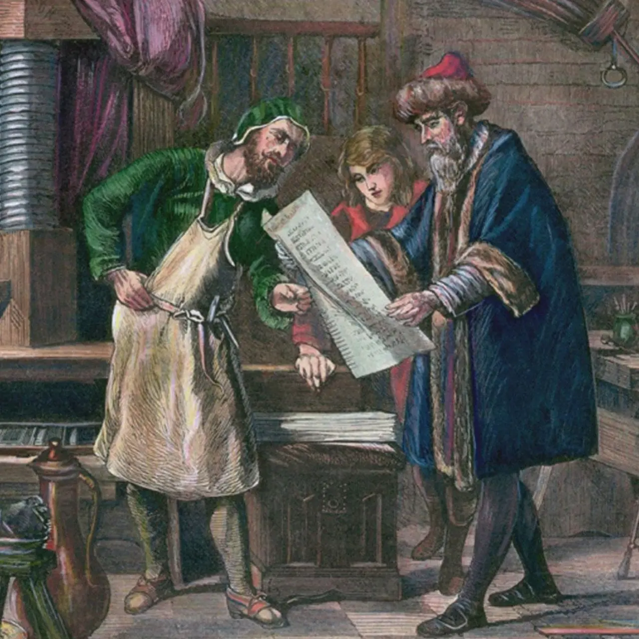 Historical painting capturing Gutenberg's printing press