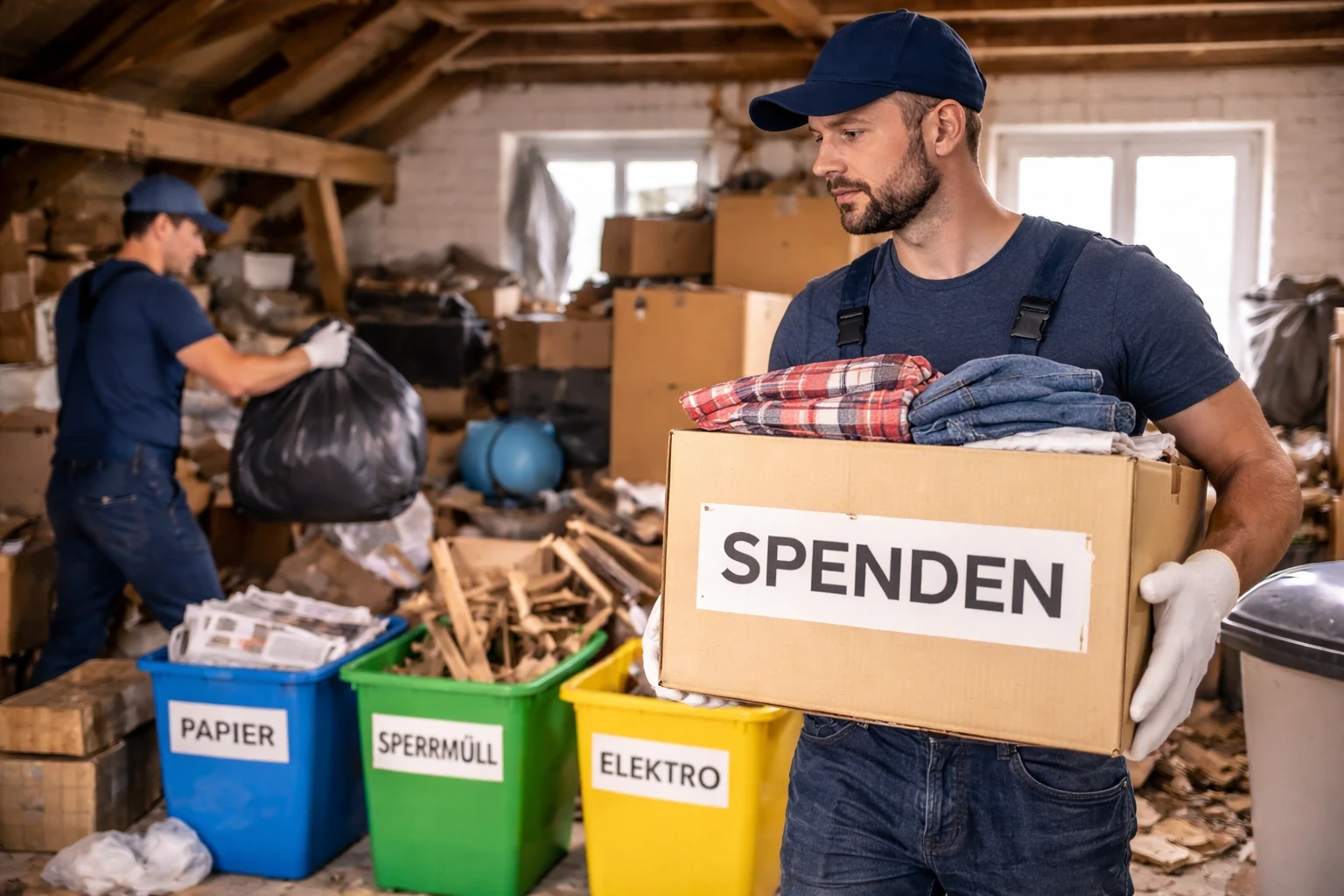 Professionelle Entrümpelung vor Umbau oder Verkauf mit Mülltrennung und Wiederverwertung auf einer Baustelle
