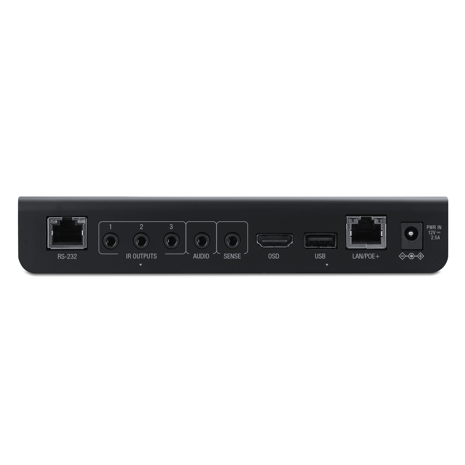 RS-232, IR Outputs, Audio, Sense, OSD, USB, LAN/POE+, PWR IN