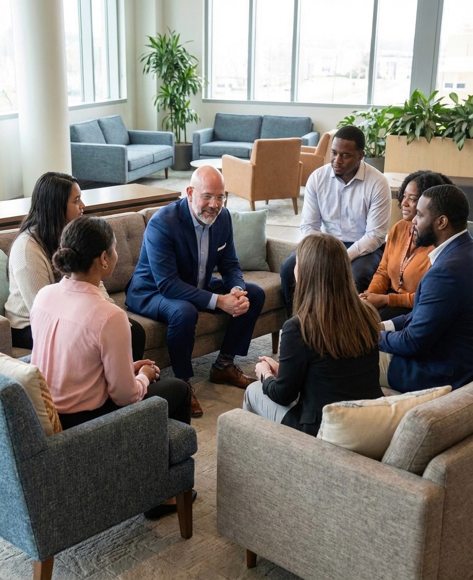 Mark Hennick in an intimate town hall environment listening to the concerns of staff