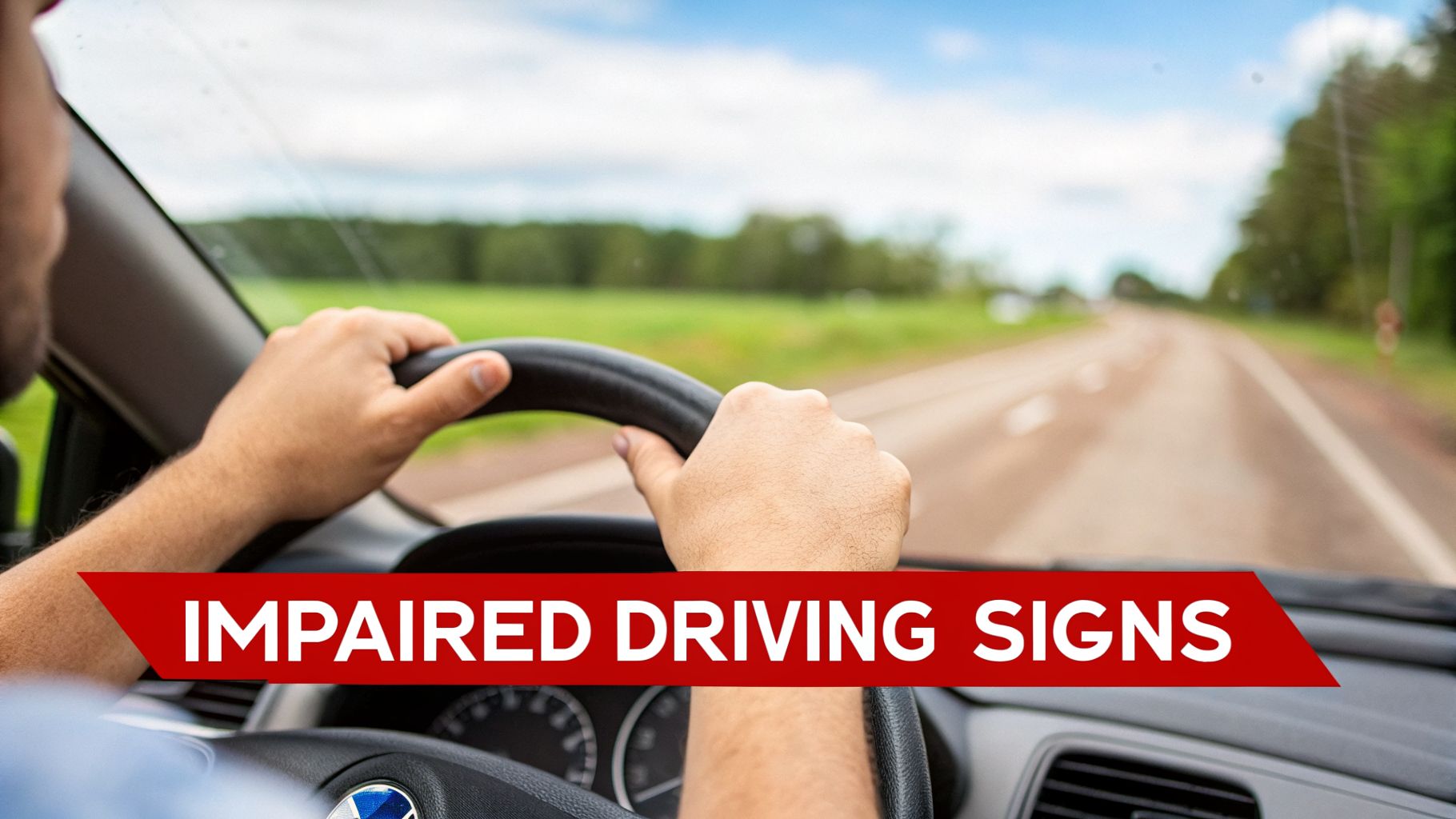 A person's hands gripping a steering wheel while driving, with an overlay