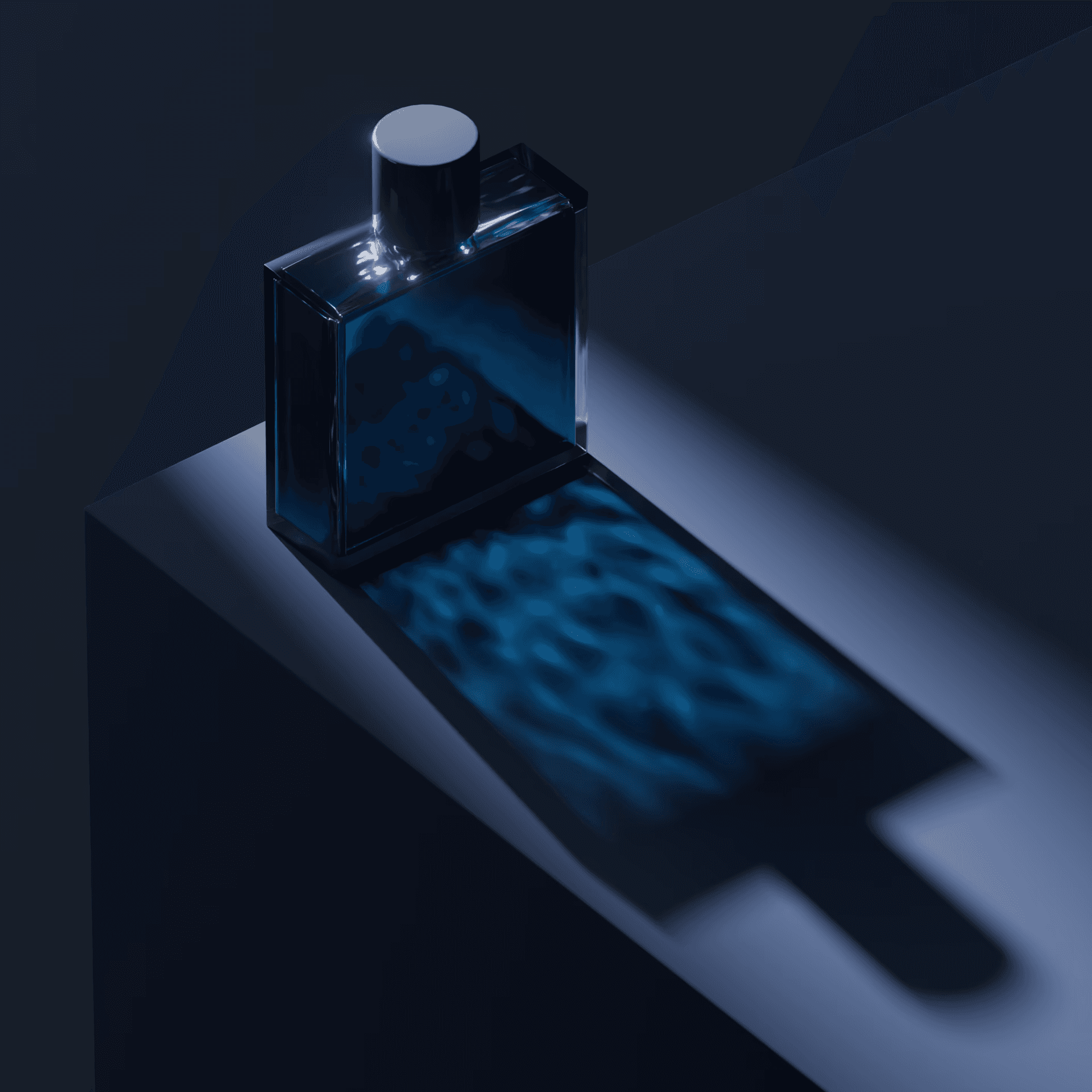 Deep blue glass perfume bottle with a glossy dark cap, on the edge of a dark pedestal, rippled blue caustics filling the shadow beside it.