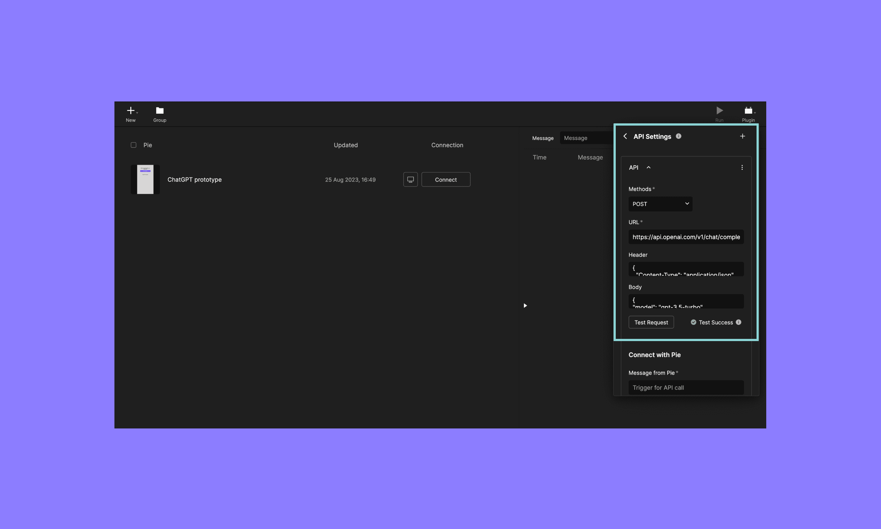API plugin settings in ProtoPie Connect 