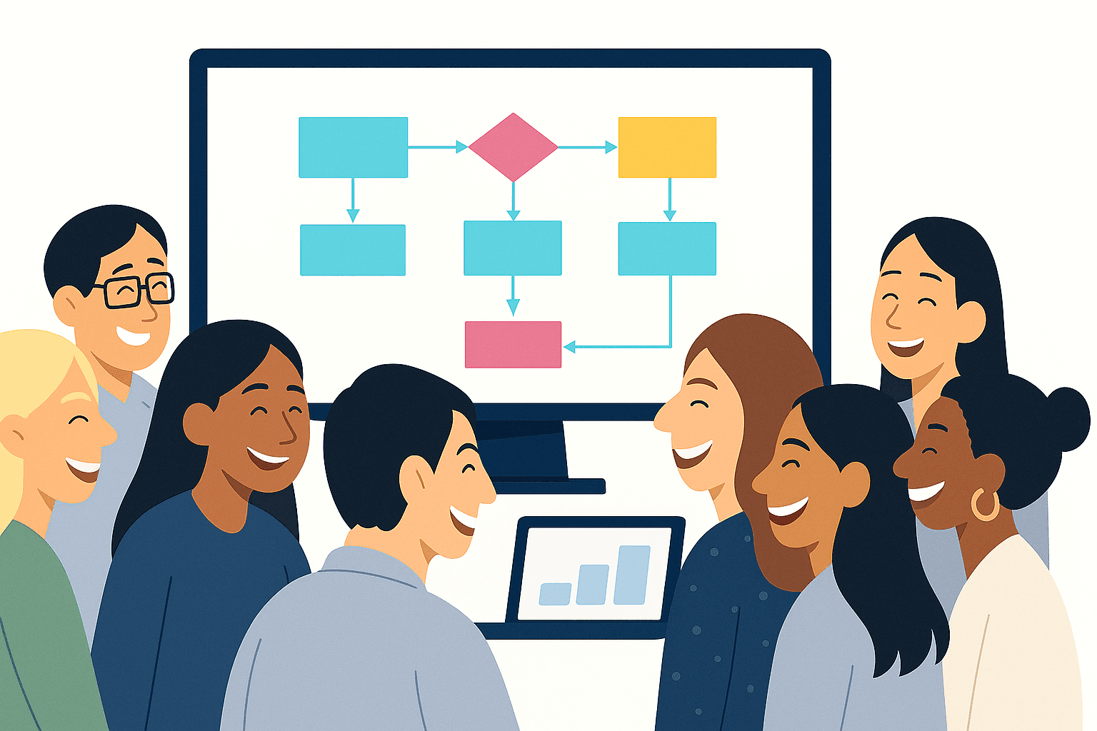 Illustration of a team smiling around a screen showing a workflow diagram