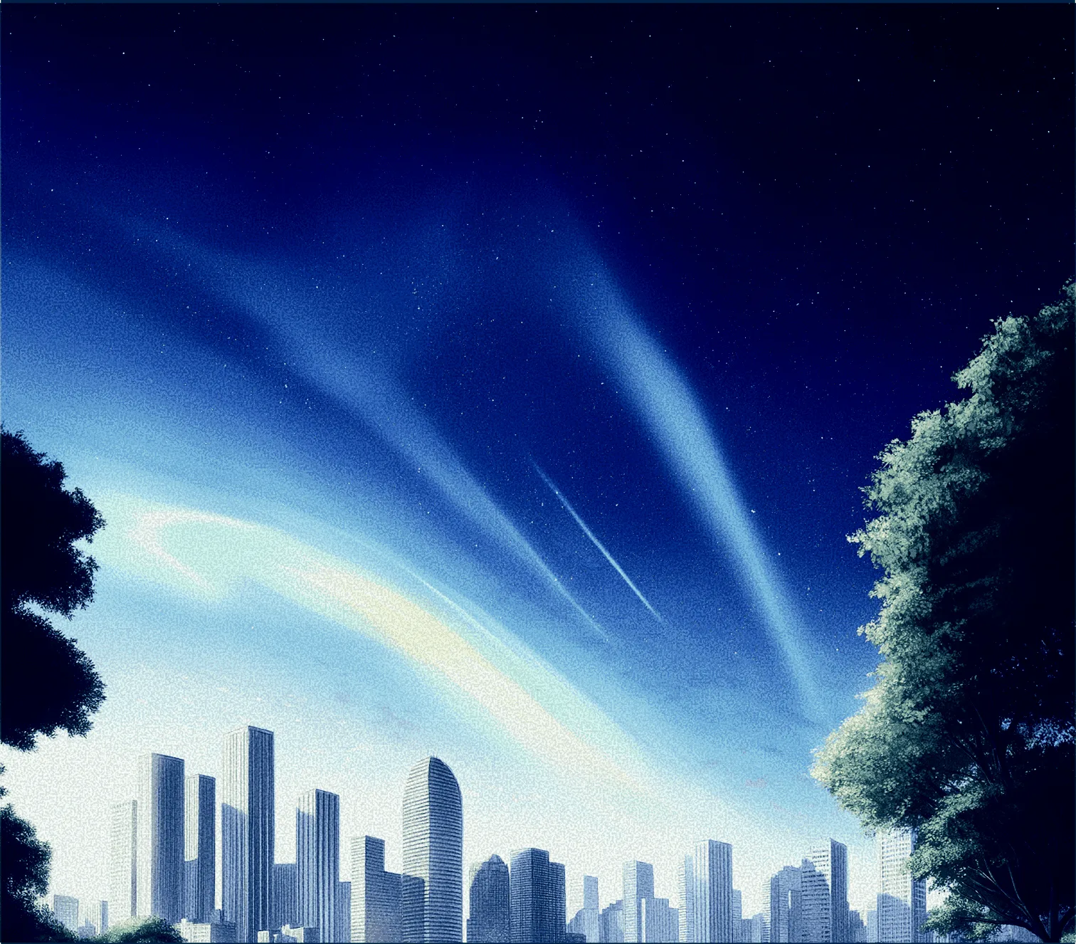 City skyline at twilight framed by trees, with stars and ethereal light rays crossing the night sky.