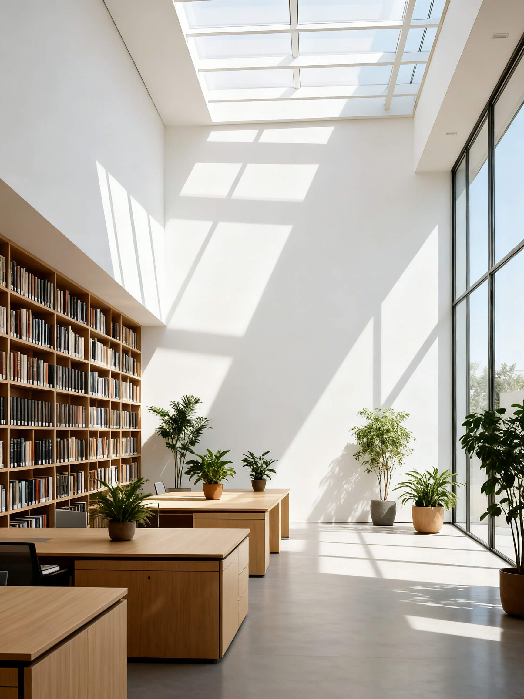 Floor-to-ceiling bookshelves in a modern library-style office
