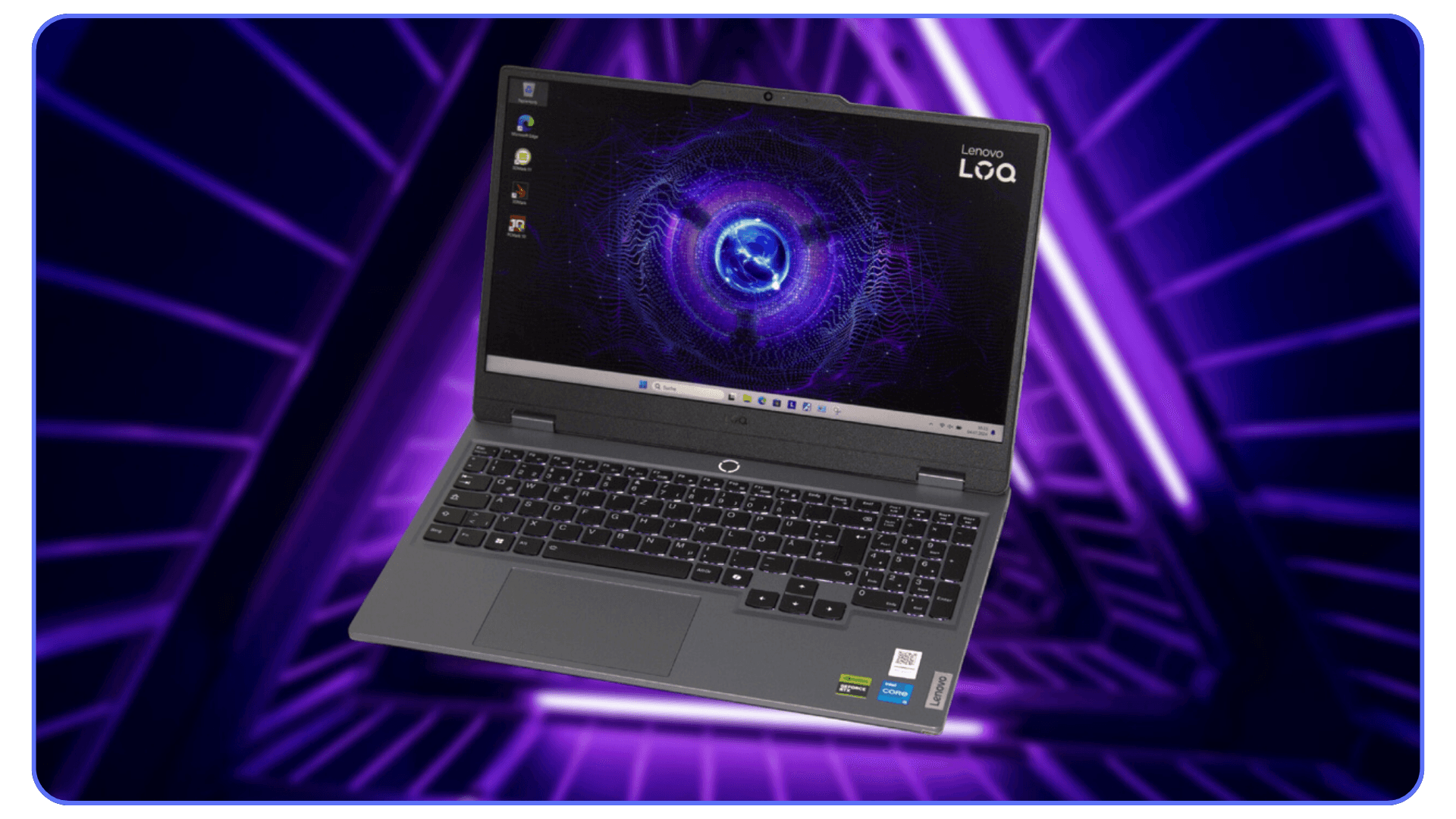 A Lenovo LOQ 15 laptop showing its screen with a vibrant blue and purple digital pattern, with an eye-catching futuristic background.