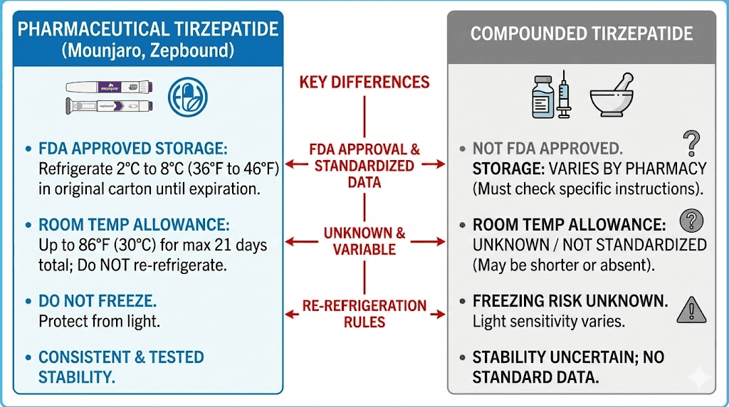 Pharmaceutical versus compounded tirzepatide storage temperature comparison