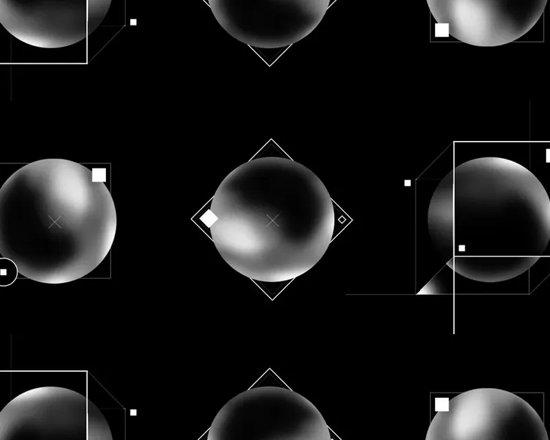 Abstract black and white design featuring overlapping circles and curves, creating a dynamic visual composition.